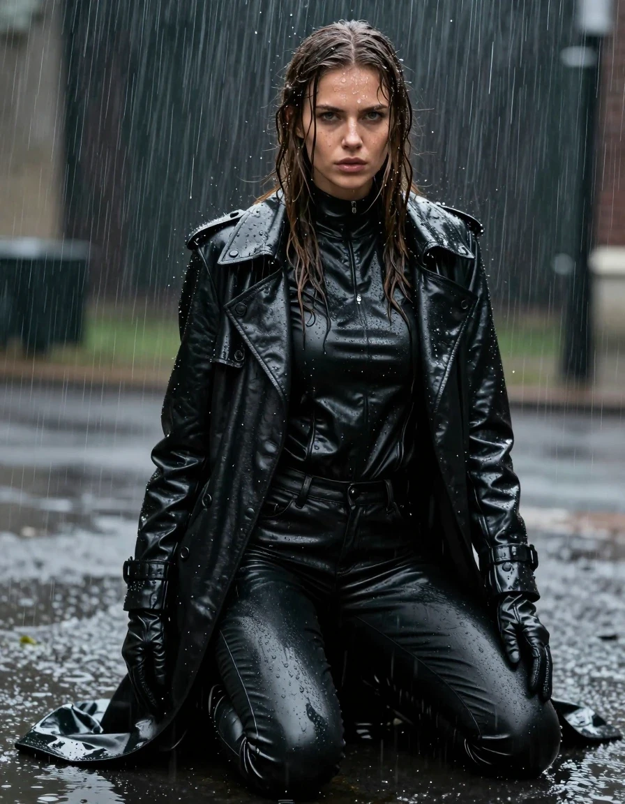 A hyper-realistic full-body shot of a young adult European woman with long, dripping wet brown hair and glistening wet skin, kneeling in heavy rain. She is wearing an oversize black leather polar neck shirt, a long black leather trench coat, tight black leather jeans, and black leather knee-high boots, with matching black leather gloves on both hands. All garments are visibly drenched, with the leather appearing heavy, darkened, and clinging to her form with intense glossy specular reflections and water sheen. The scene is set outdoors during a downpour, with water streaming off her hair and clothing. High-contrast cinematic lighting, 8k resolution, photorealistic textures, moisture-heavy atmosphere, sharp focus on the wet leather textures and water droplets, fully clothed, modest attire.