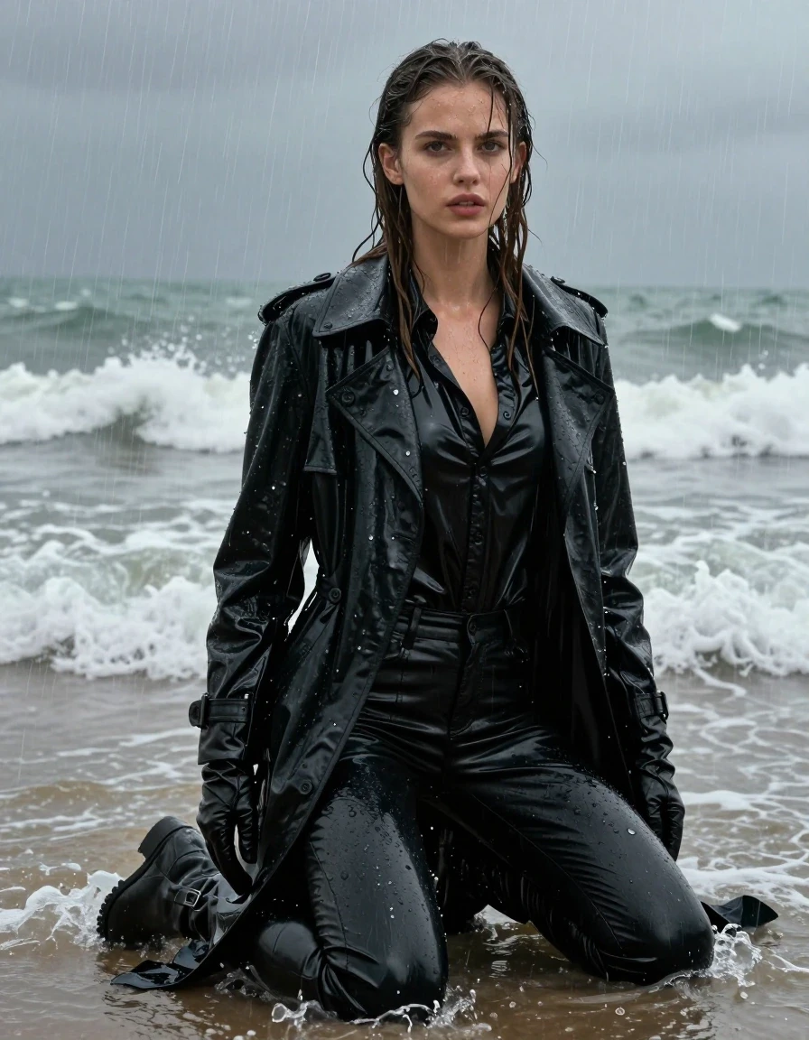 A stunning young adult European woman with long, dripping wet brown hair and glistening wet skin, kneeling in the surf at a beach during a torrential downpour. She is dressed in an oversize black vinyl polar neck shirt, a long black vinyl trench coat, and sleek black leather jeans, with black leather gloves on both hands and black leather knee-high boots. Her clothing is heavily drenched, with the vinyl and leather textures displaying intense water sheen, heavy folds, and clinging, wet-look surfaces. The fabric is saturated, creating deep, dark, glossy reflections from the rain. The atmosphere is moody and cinematic, with heavy rain falling, water splashing against her as she kneels in the ocean waves. The lighting highlights the wet skin, damp hair, and the reflective, high-gloss surfaces of the vinyl and leather. High-detail photography, sharp focus, realistic textures, wet-on-wet aesthetic, fully clothed, modest attire, no nudity.