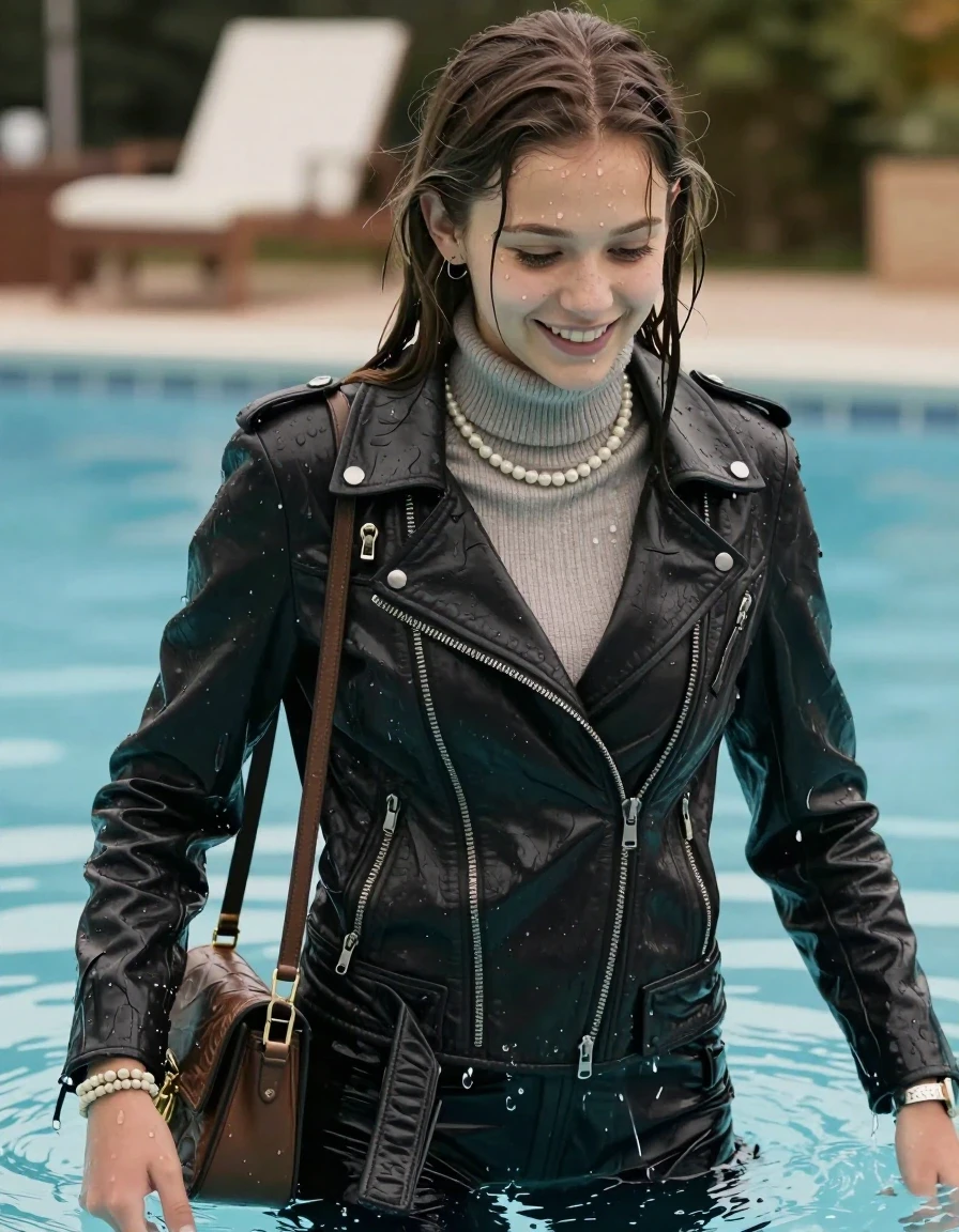 photo of young woman, in soaking wet, drenched clothes,
, , biker leatherjacket, Tight knit turtleneck sweater belly free, shoulderbag, pearl necklace, bracelet, wristwatch, standing up in the pool, 
enjoying, wet clothes stuck to body,
detailed textures of the wet clothes, wet face, wet plastered hair,
wet, drenched, professional, high-quality details, full body view.
sharp focus, ultra-high pixel detail, realistic, high-quality, full colors, incredibly detailed, 4k, 8k, 16k, hyper-realistic, RAW photo, masterpiece, ultra-detailed, professionally color graded, professional photograph, sleek long straight hair

15 years old  teenage girl, shy and awkward, but she giggles anyway.


The girls wear different clothes.

her submerged clothes are hardly vusible under water, she soaked her handbag into the water

her clothing is soaking wet and clinging tightly to her skin, showing heavy wet folds, darkened fabric texture, and deep water-saturated Patches, her clothes are heavy from the water, water runs from her body and her clothes in streams. A lot of water also runs out of her clothes. Her clothes are darkened by the water. Her submerged clothes are good visible under the water.  she soaked her handbag into the water.

close up view, wet skin, wet clothes, wet hair, damp fabric, water runs down the clothes, wet skin, wet clothes, damp fabric. cinematic medium shot, hyper-realistic wetness, high-contrast water sheen, sharp focus, 16k resolution, professional photography, realistic water physics., wet skin, wet clothes, damp fabric, wet skin, wet clothes, damp fabric, wet skin, wet clothes, damp fabric