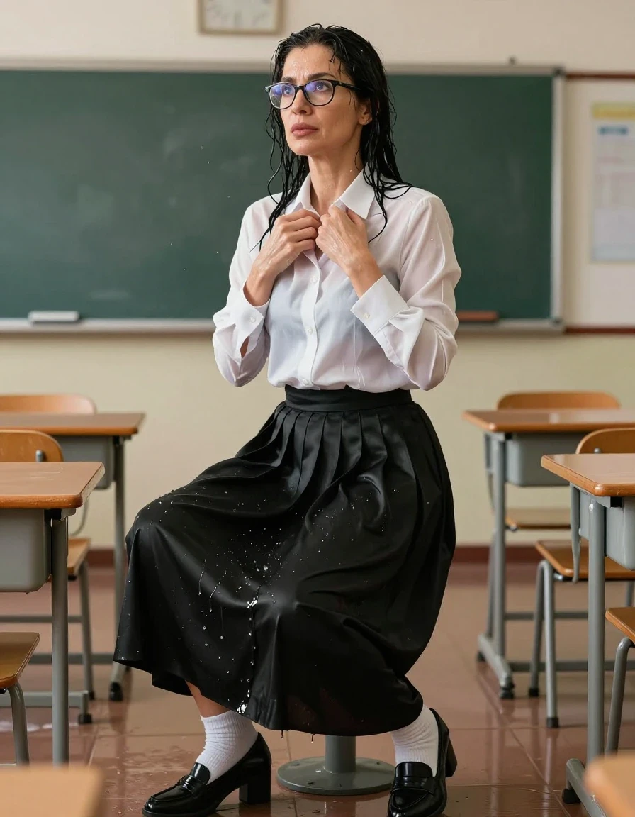 photo of young woman, in soaking wet, drenched clothes,
black shoes, white socks, maxi black school satin skirt, white shirt with long sleeves, after shower in classroom, enjoying wet clothes stuck body, enjoying, wet clothes stuck to body, 
enjoying, wet clothes stuck to body,
detailed textures of the wet clothes, wet face, wet plastered hair,
wet, drenched, professional, high-quality details, full body view.
sharp focus, ultra-high pixel detail, realistic, high-quality, full colors, incredibly detailed, 4k, 8k, 16k, hyper-realistic, RAW photo, masterpiece, ultra-detailed, professionally color graded, professional photograph, europen brunette skinny woman 50 years old, long dark black hair, very big and thick lips,  office glasses, complete body, wet skin, wet clothes, damp fabric, wet skin, wet clothes, damp fabric, wet skin, wet clothes, damp fabric, wet skin, wet clothes, damp fabric, wet skin, wet clothes, damp fabric, wet skin, wet clothes, damp fabric, wet skin, wet clothes, damp fabric