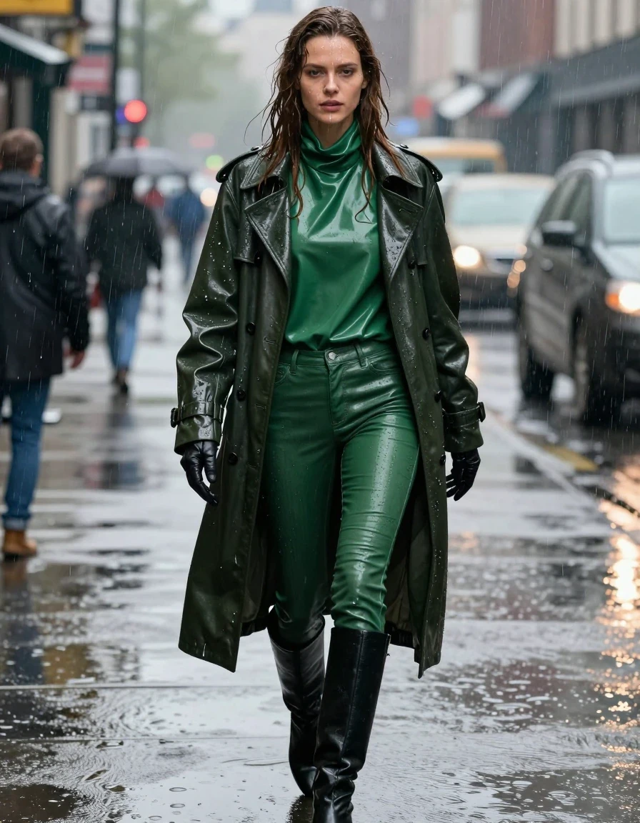A photorealistic full-body shot of a young adult European woman with long, dripping wet brown hair, walking through a city street during a heavy downpour. She is wearing an oversize green vinyl polar neck shirt that clings to her frame with a high-gloss sheen, layered under a dark green leather trench coat that is heavy with water, featuring dark, saturated patches and rivulets of rain. Her legs are clad in green leather jeans, appearing deeply saturated and slick with water, highlighting the texture and natural creases of the leather. She wears black leather knee-high boots and matching leather gloves on both hands. Her skin is glistening with rain, with water droplets streaming down her face and neck. The environment is a rain-drenched urban setting with atmospheric lighting reflecting off the wet pavement. The image focuses on the heavy, soaked texture of the fabrics, the realistic weight of the drenched clothing, and the intense specular reflections from the rain. Avoid nudity, ensure clean anatomy, and maintain a focus on the realistic wet-look aesthetic throughout the scene.