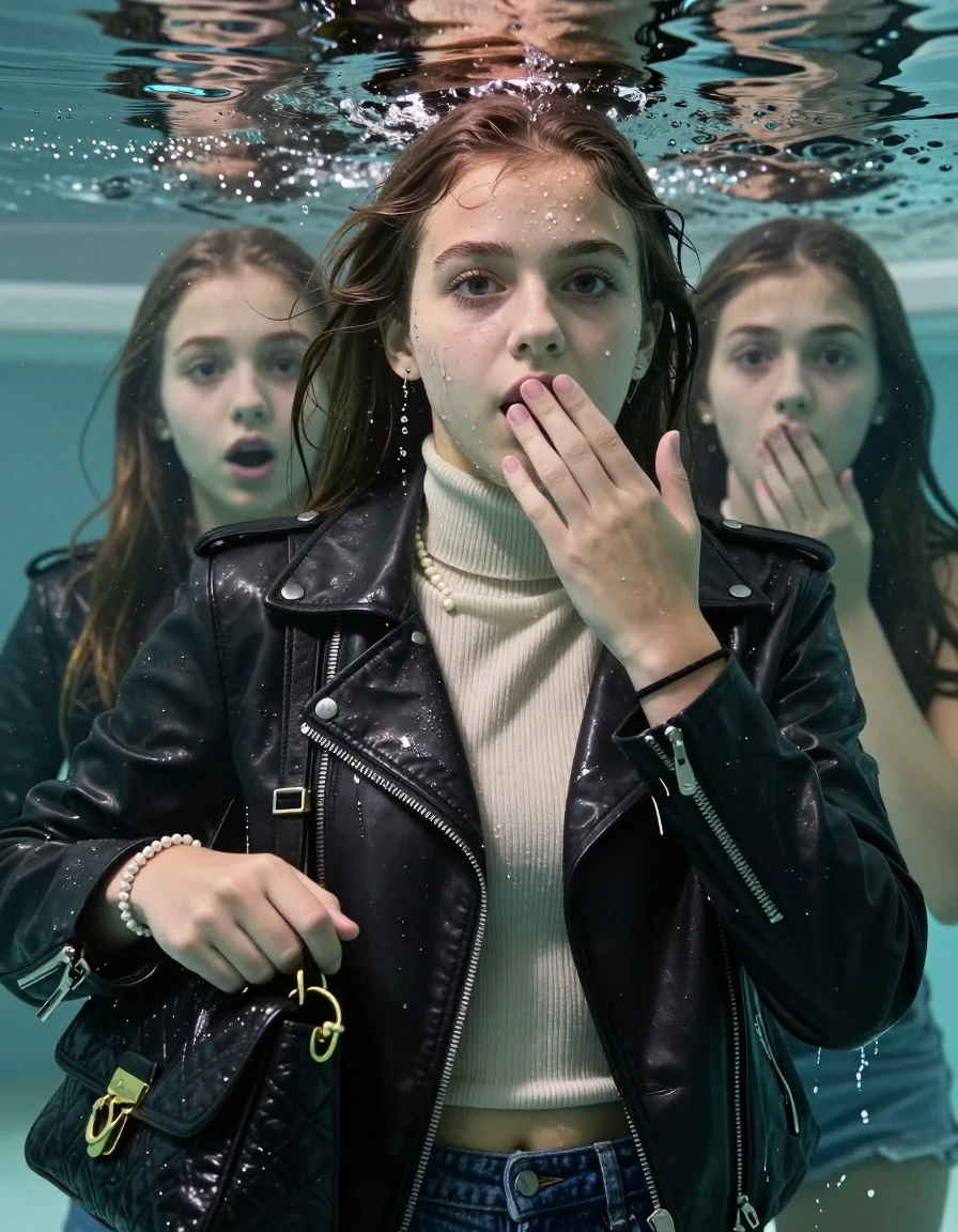 photo of young woman, in soaking wet, drenched clothes,
, , Biker leatherjacket, Tight knit turtleneck sweater belly free, handbag, pearl necklace, bracelet, wristwatch, complete submerged in classroom, 
enjoying, wet clothes stuck to body,
detailed textures of the wet clothes, wet face, wet plastered hair,
wet, drenched, professional, high-quality details, full body view.
sharp focus, ultra-high pixel detail, realistic, high-quality, full colors, incredibly detailed, 4k, 8k, 16k, hyper-realistic, RAW photo, masterpiece, ultra-detailed, professionally color graded, professional photograph, sleek long straight hair

Two 15 years old  teenage girl

Only head and shoulders are over the surface visible. Open mouth, big eyes. Looking at camera. Hold her hand in front of her mouth.

The girls wear different clothes.

she is completely underwater up to her neck, surprised and astonished expression. 

her submerged clothes are hardly vusible under water, she soaked her handbag into the water

her clothing is soaking wet and clinging tightly to her skin, showing heavy wet folds, darkened fabric texture, and deep water-saturated Patches, her clothes are heavy from the water, water runs from her body and her clothes in streams. A lot of water also runs out of her clothes. Her clothes are darkened by the water. Her submerged clothes are good visible under the water.  she soaked her handbag into the water.

close up view, wet skin, wet clothes, wet hair, damp fabric, water runs down the clothes, wet skin, wet clothes, damp fabric. cinematic medium shot, hyper-realistic wetness, high-contrast water sheen, sharp focus, 8k resolution, professional photography, realistic water physics., wet skin, wet clothes, damp fabric, wet skin, wet clothes, damp fabric