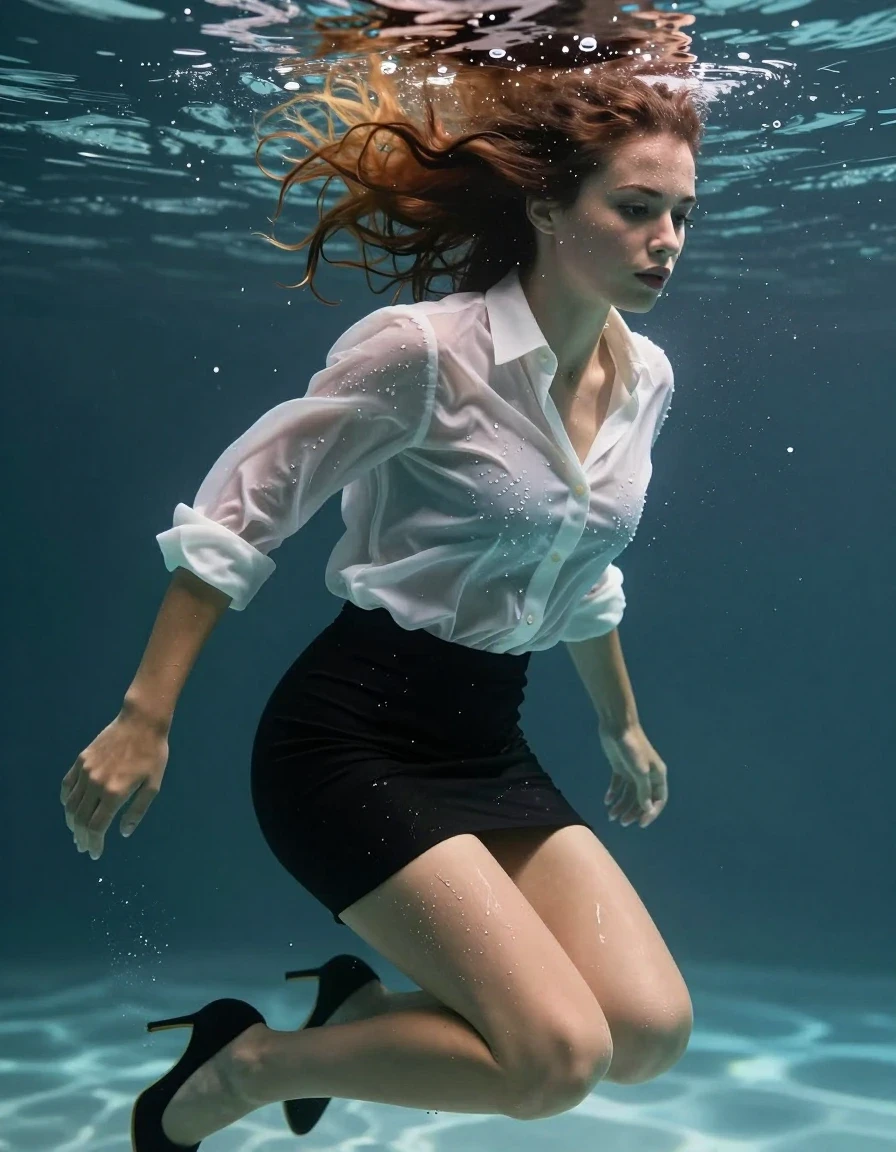 photo of young woman, in soaking wet, drenched clothes,
heels, black short pencilskirt, white blouse, underwater, 
enjoying, wet clothes stuck to body,
detailed textures of the wet clothes, wet face, wet plastered hair,
wet, drenched, professional, high-quality details, full body view.
sharp focus, ultra-high pixel detail, realistic, high-quality, full colors, incredibly detailed, 4k, 8k, 16k, hyper-realistic, RAW photo, masterpiece, ultra-detailed, professionally color graded, professional photograph, wet skin, wet clothes, damp fabric