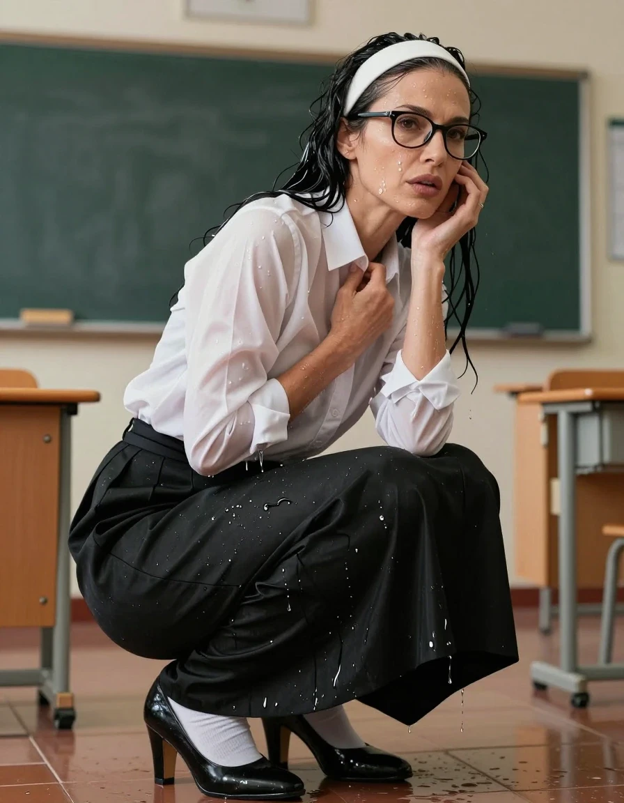 photo of young woman, in soaking wet, drenched clothes,
black shoes, white socks, maxi black school satin skirt, white shirt with long sleeves, after shower in classroom, enjoying wet clothes stuck body, enjoying, wet clothes stuck to body, 
enjoying, wet clothes stuck to body,
detailed textures of the wet clothes, wet face, wet plastered hair,
wet, drenched, professional, high-quality details, full body view.
sharp focus, ultra-high pixel detail, realistic, high-quality, full colors, incredibly detailed, 4k, 8k, 16k, hyper-realistic, RAW photo, masterpiece, ultra-detailed, professionally color graded, professional photograph, europen brunette skinny woman 50 years old, long dark black hair, very big and thick lips,  office glasses, white headband, complete body, wet skin, wet clothes, damp fabric, wet skin, wet clothes, damp fabric, wet skin, wet clothes, damp fabric, wet skin, wet clothes, damp fabric, wet skin, wet clothes, damp fabric, wet skin, wet clothes, damp fabric, wet skin, wet clothes, damp fabric