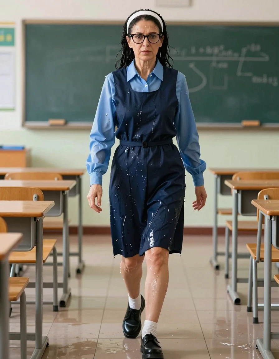 photo of young woman, in soaking wet, drenched clothes,
black shoes, white socks, DARK blue school pinafore over a blue long-sleeved shirt, DARK blue school pinafore over a blue long-sleeved shirt, walking after bath in sunny CLASSROOM, enjoying wet clothes stuck body, enjoying, wet clothes stuck to body, 
enjoying, wet clothes stuck to body,
detailed textures of the wet clothes, wet face, wet plastered hair,
wet, drenched, professional, high-quality details, full body view.
sharp focus, ultra-high pixel detail, realistic, high-quality, full colors, incredibly detailed, 4k, 8k, 16k, hyper-realistic, RAW photo, masterpiece, ultra-detailed, professionally color graded, professional photograph, europen brunette skinny woman 50 years old, long dark black hair, very big and thick lips,  office glasses, white headband, complete body, wet skin, wet clothes, damp fabric, wet skin, wet clothes, damp fabric, wet skin, wet clothes, damp fabric, wet skin, wet clothes, damp fabric, wet skin, wet clothes, damp fabric, wet skin, wet clothes, damp fabric, wet skin, wet clothes, damp fabric