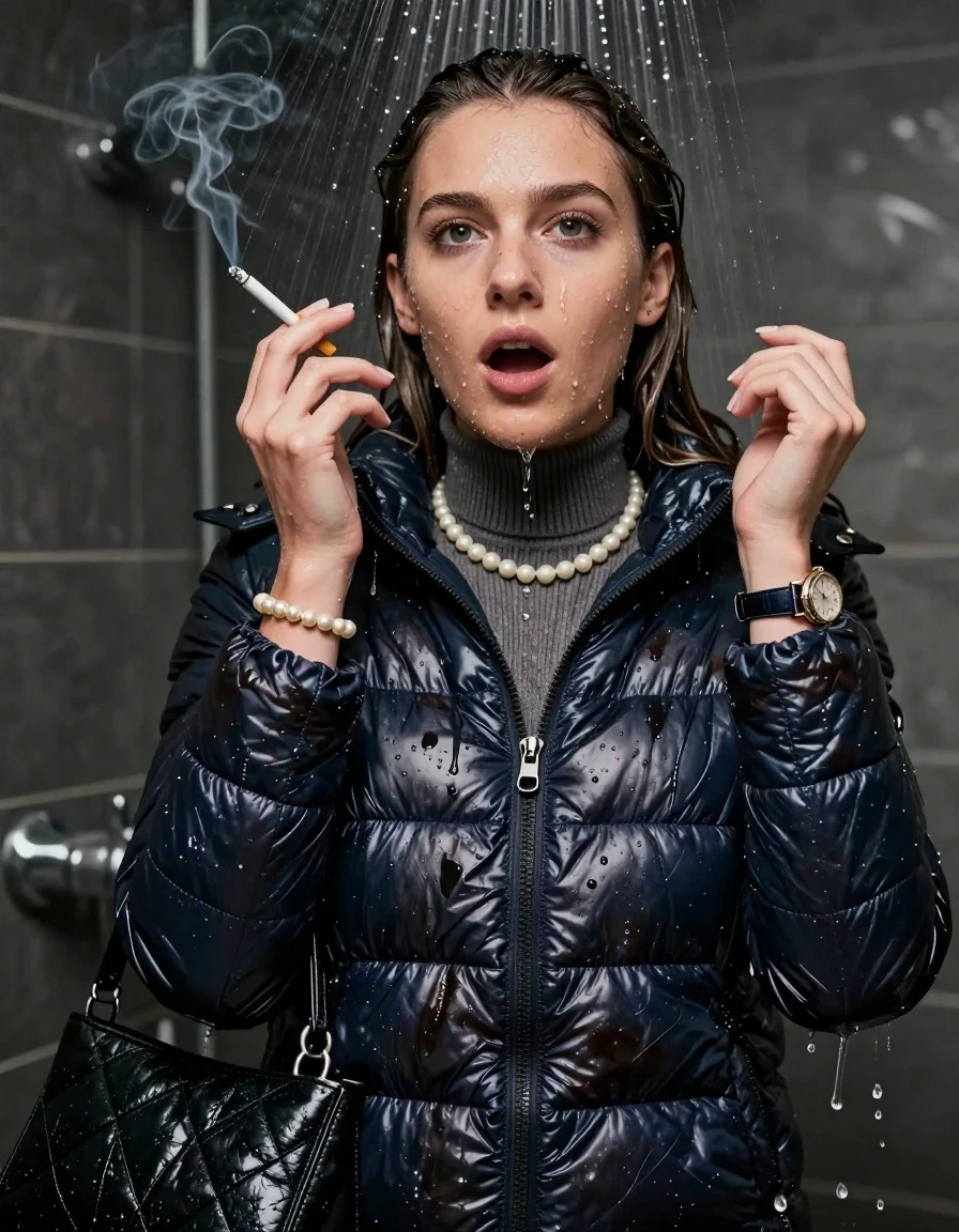 photo of young woman, in soaking wet, drenched clothes,
, , moncler shiny puffer down jacket, Tight knit turtleneck sweater belly free, handbag, pearl necklace, bracelet, wristwatch, soaked and in ecstacy in the shower Smoking a cigarette , 
enjoying, wet clothes stuck to body,
detailed textures of the wet clothes, wet face, wet plastered hair,
wet, drenched, professional, high-quality details, full body view.
sharp focus, ultra-high pixel detail, realistic, high-quality, full colors, incredibly detailed, 4k, 8k, 16k, hyper-realistic, RAW photo, masterpiece, ultra-detailed, professionally color graded, professional photograph, sleek long straight hair

19 years old  teenage girl

Only head and shoulders are over the surface visible. Looking at camera. 

The girls wear different clothes.

shocked and astonished expression. 

her submerged clothes are hardly vusible under water, she soaked her handbag into the water

her clothing is soaking wet and clinging tightly to her skin, showing heavy wet folds, darkened fabric texture, and deep water-saturated Patches, her clothes are heavy from the water, water runs from her body and her clothes in streams. A lot of water also runs out of her clothes. Her clothes are darkened by the water. Her submerged clothes are good visible under the water.  she soaked her handbag into the water.

close up view, wet skin, wet clothes, wet hair, damp fabric, water runs down the clothes, wet skin, wet clothes, damp fabric. cinematic medium shot, hyper-realistic wetness, high-contrast water sheen, sharp focus, 16k resolution, professional photography, realistic water physics., wet skin, wet clothes, damp fabric, wet skin, wet clothes, damp fabric, wet skin, wet clothes, damp fabric, wet skin, wet clothes, damp fabric