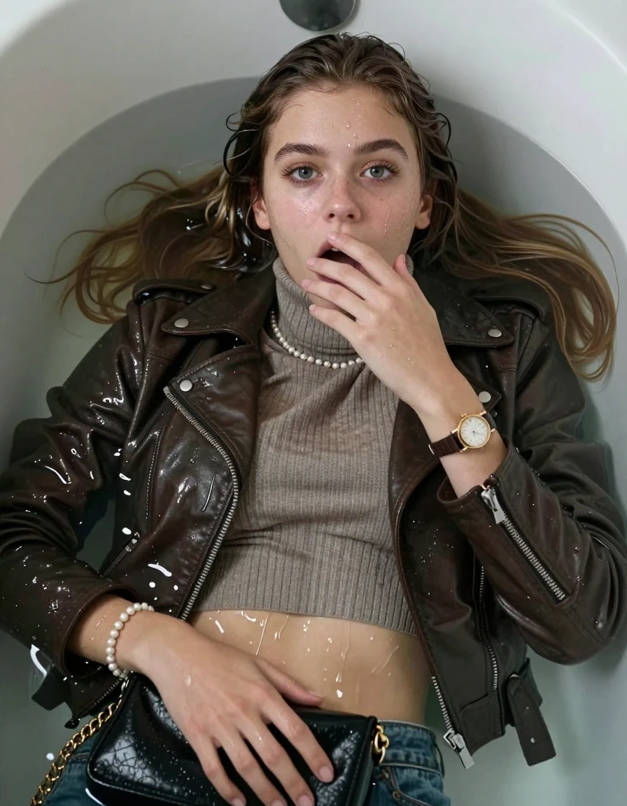 photo of young woman, in soaking wet, drenched clothes,
, , Biker leatherjacket, Tight knit turtleneck sweater belly free, handbag, pearl necklace, bracelet, wristwatch, lying down in a deep bath with soapy water covering breasts, 
enjoying, wet clothes stuck to body,
detailed textures of the wet clothes, wet face, wet plastered hair,
wet, drenched, professional, high-quality details, full body view.
sharp focus, ultra-high pixel detail, realistic, high-quality, full colors, incredibly detailed, 4k, 8k, 16k, hyper-realistic, RAW photo, masterpiece, ultra-detailed, professionally color graded, professional photograph, sleek long straight hair

19 years old  teenage girl

Only head and shoulders are over the surface visible. Open mouth, big eyes. Looking at camera. Hold her hand over her mouth.

The girls wear different clothes.

she is completely underwater up to her neck, surprised and astonished expression. 

her submerged clothes are hardly vusible under water, she soaked her handbag into the water

her clothing is soaking wet and clinging tightly to her skin, showing heavy wet folds, darkened fabric texture, and deep water-saturated Patches, her clothes are heavy from the water, water runs from her body and her clothes in streams. A lot of water also runs out of her clothes. Her clothes are darkened by the water. Her submerged clothes are good visible under the water.  she soaked her handbag into the water.

close up view, wet skin, wet clothes, wet hair, damp fabric, water runs down the clothes, wet skin, wet clothes, damp fabric. cinematic medium shot, hyper-realistic wetness, high-contrast water sheen, sharp focus, 16k resolution, professional photography, realistic water physics., wet skin, wet clothes, damp fabric, wet skin, wet clothes, damp fabric