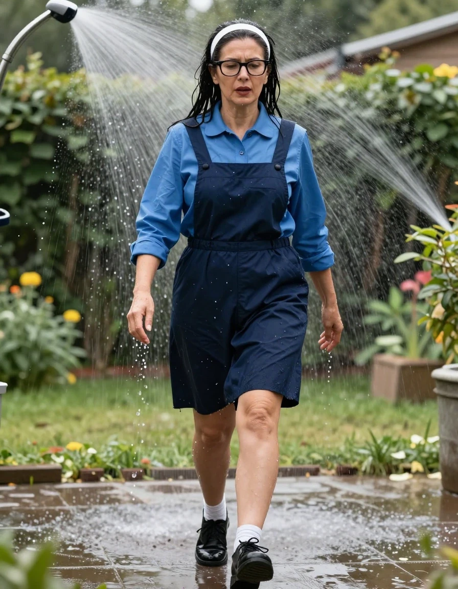 photo of young woman, in soaking wet, drenched clothes,
black shoes, white socks, DARK blue school pinafore over a blue long-sleeved shirt, DARK blue school pinafore over a blue long-sleeved shirt, walking after bath in sunny garden under sprinklers, enjoying wet clothes stuck body, enjoying, wet clothes stuck to body, 
enjoying, wet clothes stuck to body,
detailed textures of the wet clothes, wet face, wet plastered hair,
wet, drenched, professional, high-quality details, full body view.
sharp focus, ultra-high pixel detail, realistic, high-quality, full colors, incredibly detailed, 4k, 8k, 16k, hyper-realistic, RAW photo, masterpiece, ultra-detailed, professionally color graded, professional photograph, europen brunette skinny woman 50 years old, long dark black hair, very big and thick lips,  office glasses, white headband, complete body, wet skin, wet clothes, damp fabric, wet skin, wet clothes, damp fabric, wet skin, wet clothes, damp fabric, wet skin, wet clothes, damp fabric, wet skin, wet clothes, damp fabric, wet skin, wet clothes, damp fabric, wet skin, wet clothes, damp fabric