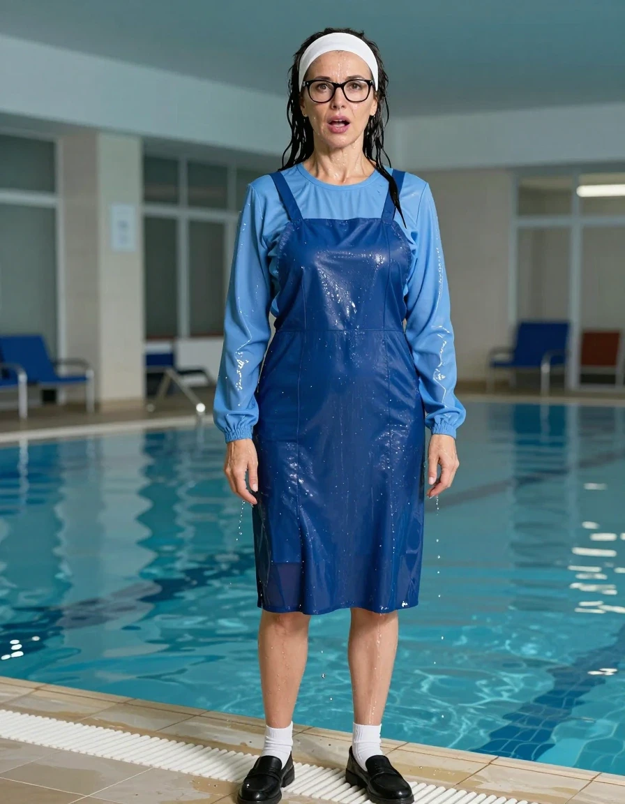 photo of young woman, in soaking wet, drenched clothes,
black shoes, white socks, blue school long pinafore over a blue long-sleeved shirt, blue school long pinafore over a blue long-sleeved shirt, shower after bath in indoor swimming pool, enjoying wet clothes stuck body, enjoying, wet clothes stuck to body, 
enjoying, wet clothes stuck to body,
detailed textures of the wet clothes, wet face, wet plastered hair,
wet, drenched, professional, high-quality details, full body view.
sharp focus, ultra-high pixel detail, realistic, high-quality, full colors, incredibly detailed, 4k, 8k, 16k, hyper-realistic, RAW photo, masterpiece, ultra-detailed, professionally color graded, professional photograph, europen brunette skinny woman 50 years old, long dark black hair, very big and thick lips,  office glasses, white headband, complete body, wet skin, wet clothes, damp fabric, wet skin, wet clothes, damp fabric, wet skin, wet clothes, damp fabric, wet skin, wet clothes, damp fabric, wet skin, wet clothes, damp fabric, wet skin, wet clothes, damp fabric, wet skin, wet clothes, damp fabric