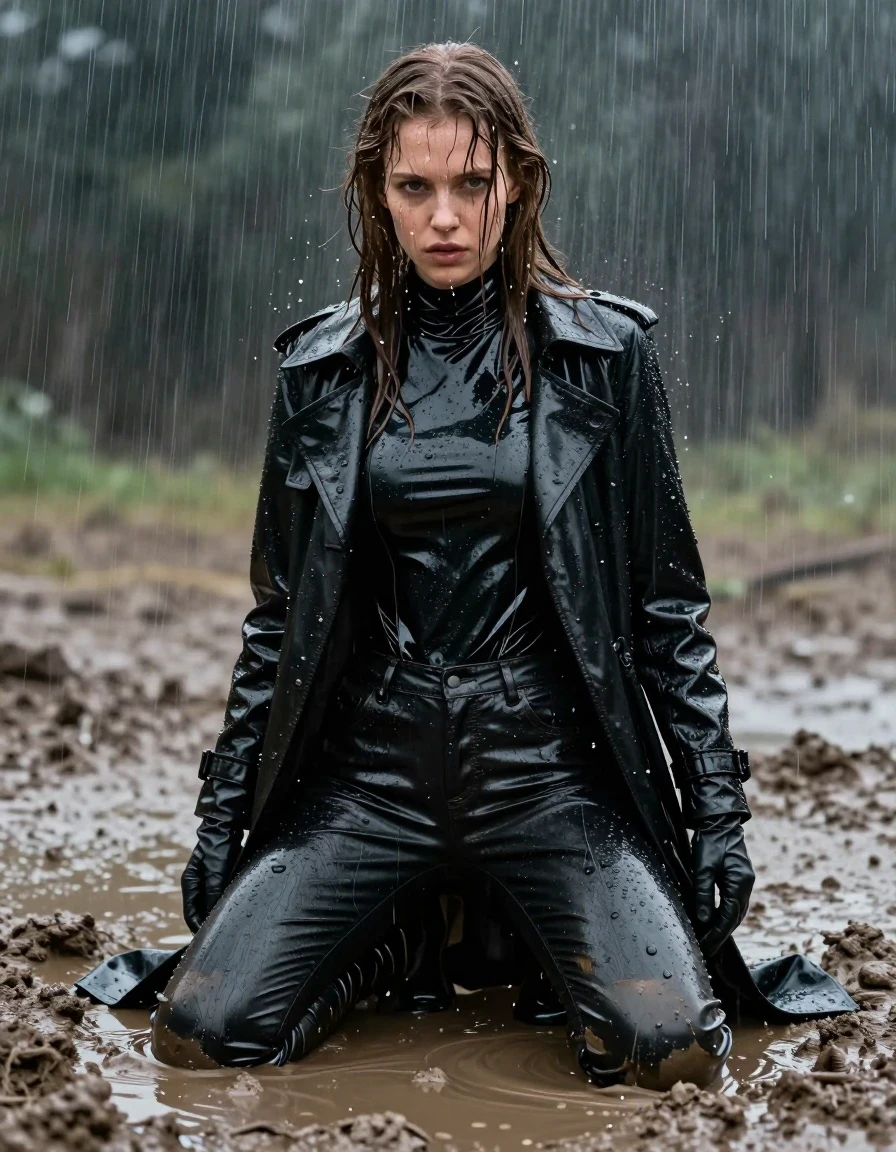A photorealistic medium shot of a young adult European woman with long, dripping wet brown hair, kneeling in a deep mud pit during a heavy downpour. She is wearing skin-tight black leather jeans that are heavily saturated with rainwater, clinging to her legs with visible wet sheen and deep creases. Over this, she wears an oversize black vinyl turtleneck shirt and a long black vinyl trench coat, both covered in mud splatters and glistening with thick, heavy water droplets. She wears black leather gloves on both hands and black leather knee-high boots that are partially submerged in the thick mud. Her skin is pale, cold, and drenched, with water streaming down her face and neck. The environment is dark and stormy, with heavy rain creating a blurred, atmospheric backdrop. The lighting is moody and cinematic, highlighting the reflective, glossy texture of the vinyl and leather against the matte, gritty texture of the mud. High-contrast, hyper-detailed, 8k resolution, realistic water physics, clinging wet fabric, heavy rain effect.