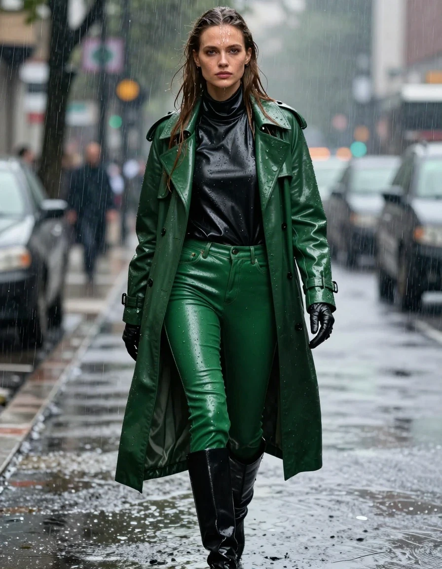 A photorealistic full-body shot of a young adult European woman with long, dripping wet brown hair, walking through a heavy downpour. She is wearing an oversize black leather polar neck shirt, a vibrant green leather trench coat, and skin-tight green leather jeans that cling to her legs, showing heavy wet folds and a high-sheen, water-slicked texture. She wears black leather knee-high boots and matching leather gloves on both hands. Her skin is glistening with rain, and her clothes are visibly drenched, with deep, dark saturated patches, heavy water-weight, and glossy specular reflections from the relentless rain. The scene is set in an urban environment during a storm, with water running down her face and clothing. Cinematic lighting, sharp focus on texture, high-contrast wet surfaces, hyper-realistic water droplets and sheen, professional photography, 8k resolution, elegant and modest attire, fully clothed.