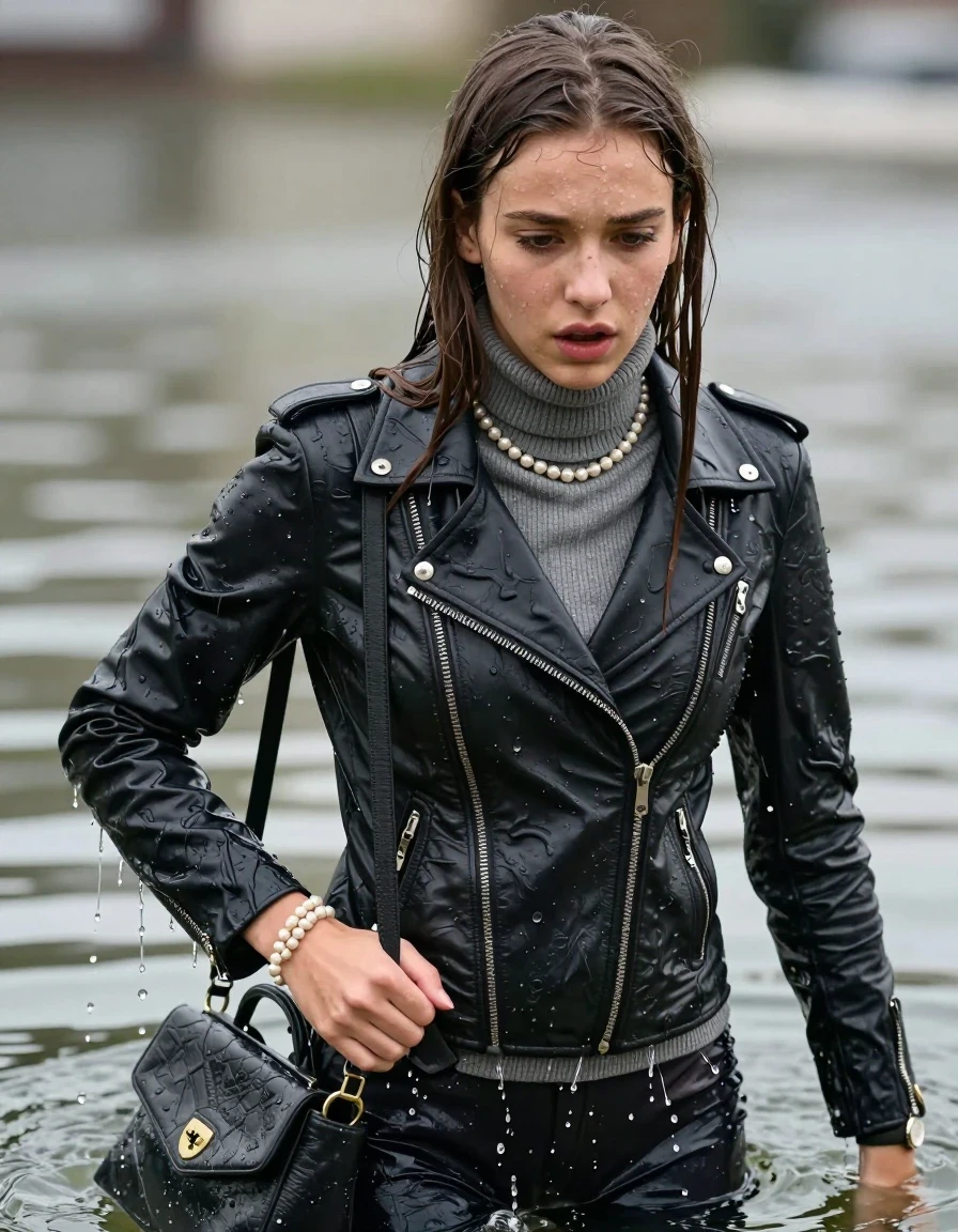photo of young woman, in soaking wet, drenched clothes,
, , biker leatherjacket, Tight knit turtleneck sweater belly free, handbag, pearl necklace, bracelet, wristwatch, professional wet clothes fetish, 
enjoying, wet clothes stuck to body,
detailed textures of the wet clothes, wet face, wet plastered hair,
wet, drenched, professional, high-quality details, full body view.
sharp focus, ultra-high pixel detail, realistic, high-quality, full colors, incredibly detailed, 4k, 8k, 16k, hyper-realistic, RAW photo, masterpiece, ultra-detailed, professionally color graded, professional photograph, sleek long straight hair

15 years old  teenage girl, afraid and astonished.

The girls wear different clothes.

her submerged clothes are hardly vusible under water, she soaked her handbag into the water

her clothing is soaking wet and clinging tightly to her skin, showing heavy wet folds, darkened fabric texture, and deep water-saturated Patches, her clothes are heavy from the water, water runs from her body and her clothes in streams. A lot of water also runs out of her clothes. Her clothes are darkened by the water. Her submerged clothes are good visible under the water.  she soaked her handbag into the water.

close up view, wet skin, wet clothes, wet hair, damp fabric, water runs down the clothes, wet skin, wet clothes, damp fabric. cinematic medium shot, hyper-realistic wetness, high-contrast water sheen, sharp focus, 16k resolution, professional photography, realistic water physics., wet skin, wet clothes, damp fabric, wet skin, wet clothes, damp fabric, wet skin, wet clothes, damp fabric