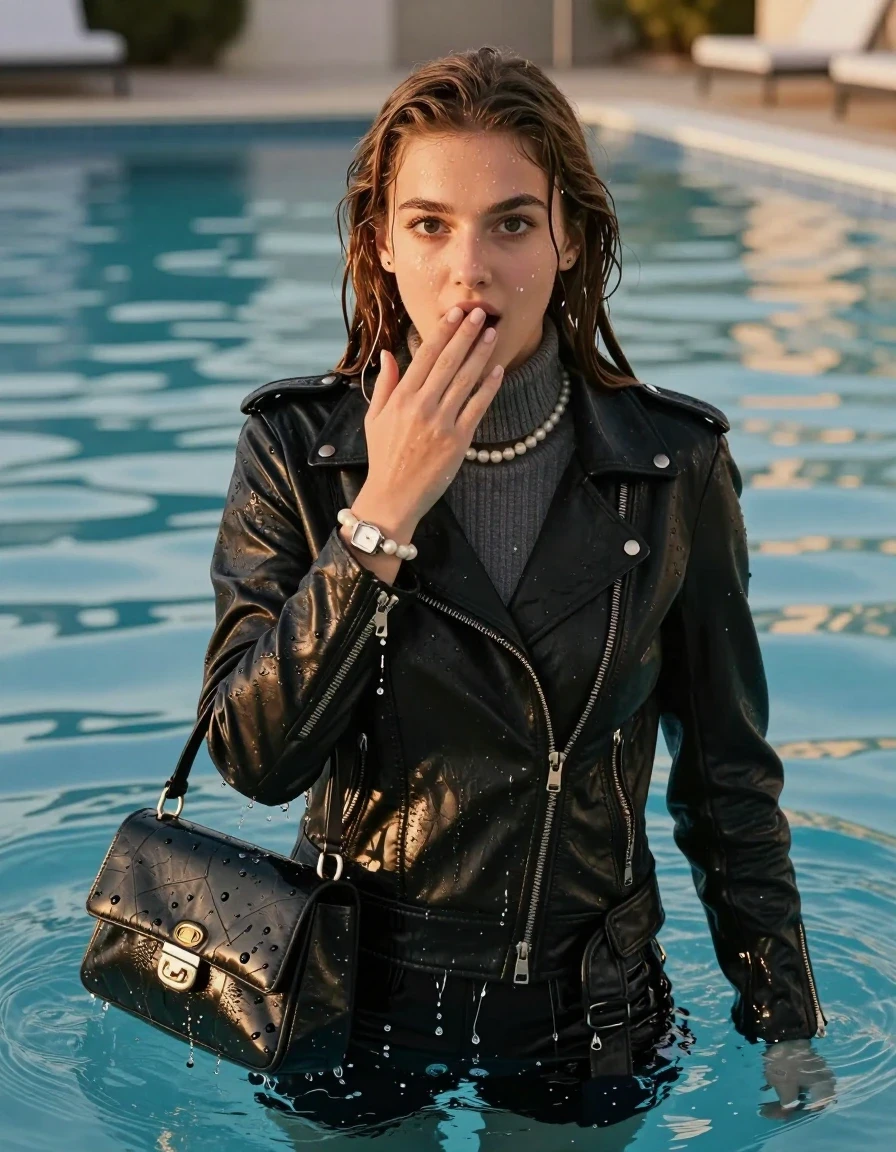 photo of young woman, in soaking wet, drenched clothes,
, , black Biker leatherjacket, Tight knit turtleneck sweater belly free, handbag, pearl necklace, bracelet, wristwatch, standing deep in the water of a luxurious swimming pool at sunset, 
enjoying, wet clothes stuck to body,
detailed textures of the wet clothes, wet face, wet plastered hair,
wet, drenched, professional, high-quality details, full body view.
sharp focus, ultra-high pixel detail, realistic, high-quality, full colors, incredibly detailed, 4k, 8k, 16k, hyper-realistic, RAW photo, masterpiece, ultra-detailed, professionally color graded, professional photograph, sleek long straight hair

19 years old  teenage girl

Only head and shoulders are over the surface visible. Open mouth, big eyes. Looking at camera. Hold her hand on her mouth.

The girls wear different clothes.

shocked and astonished expression. 

her submerged clothes are hardly vusible under water, she soaked her handbag into the water

her clothing is soaking wet and clinging tightly to her skin, showing heavy wet folds, darkened fabric texture, and deep water-saturated Patches, her clothes are heavy from the water, water runs from her body and her clothes in streams. A lot of water also runs out of her clothes. Her clothes are darkened by the water. Her submerged clothes are good visible under the water.  she soaked her handbag into the water.

close up view, wet skin, wet clothes, wet hair, damp fabric, water runs down the clothes, wet skin, wet clothes, damp fabric. cinematic medium shot, hyper-realistic wetness, high-contrast water sheen, sharp focus, 16k resolution, professional photography, realistic water physics., wet skin, wet clothes, damp fabric, wet skin, wet clothes, damp fabric, wet skin, wet clothes, damp fabric