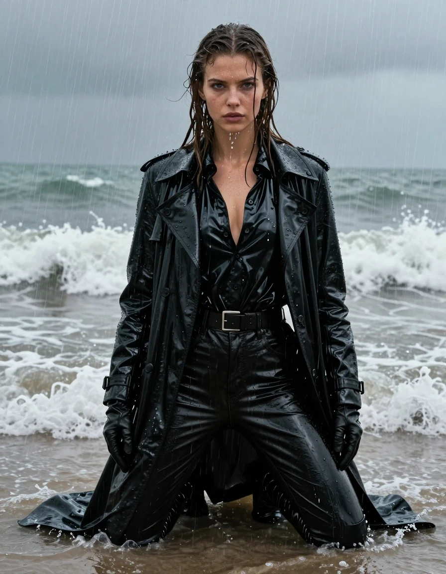 A stunning young adult European woman with long dripping wet brown hair and glistening wet skin, kneeling in the crashing waves at a beach during a torrential downpour. She is dressed in an oversized black vinyl polar neck shirt, a long black vinyl trench coat, and black leather jeans that are visibly soaked and clinging to her legs. She wears black leather gloves on both hands and black leather knee-high boots. Her attire is heavily drenched, with the vinyl surfaces reflecting the grey sky and rain with high-gloss highlights, and the dark fabrics appearing saturated and heavy with water. The scene captures the raw intensity of the heavy rain, with water streaming down her face and clothing. Photorealistic cinematic shot, sharp focus on textures, high contrast, atmospheric lighting, professional photography, 8k resolution, detailed wet skin and fabric textures, fully clothed, modest attire.