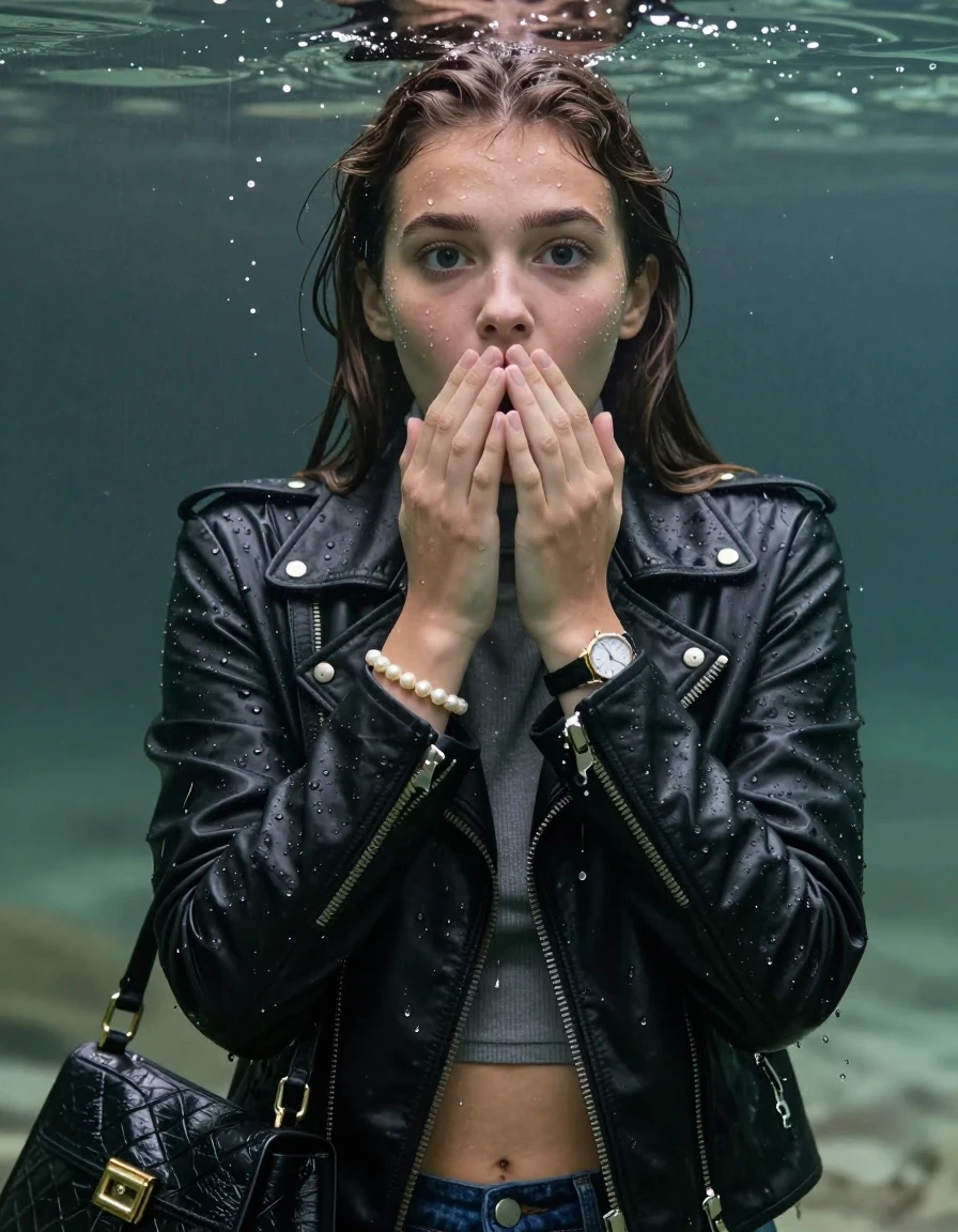 photo of young woman, in soaking wet, drenched clothes,
, , black Biker leatherjacket, Tight knit turtleneck sweater belly free, handbag, pearl necklace, bracelet, wristwatch, drenched, 
enjoying, wet clothes stuck to body,
detailed textures of the wet clothes, wet face, wet plastered hair,
wet, drenched, professional, high-quality details, full body view.
sharp focus, ultra-high pixel detail, realistic, high-quality, full colors, incredibly detailed, 4k, 8k, 16k, hyper-realistic, RAW photo, masterpiece, ultra-detailed, professionally color graded, professional photograph, sleek long straight hair

19 years old  teenage girl

Only head and shoulders are over the surface visible. Open mouth, big eyes. Looking at camera. Hold her hands over her mouth.

The girls wear different clothes.

she is completely underwater up to her neck, surprised and astonished expression. 

her submerged clothes are hardly vusible under water, she soaked her handbag into the water

her clothing is soaking wet and clinging tightly to her skin, showing heavy wet folds, darkened fabric texture, and deep water-saturated Patches, her clothes are heavy from the water, water runs from her body and her clothes in streams. A lot of water also runs out of her clothes. Her clothes are darkened by the water. Her submerged clothes are good visible under the water.  she soaked her handbag into the water.

close up view, wet skin, wet clothes, wet hair, damp fabric, water runs down the clothes, wet skin, wet clothes, damp fabric. cinematic medium shot, hyper-realistic wetness, high-contrast water sheen, sharp focus, 16k resolution, professional photography, realistic water physics., wet skin, wet clothes, damp fabric, wet skin, wet clothes, damp fabric