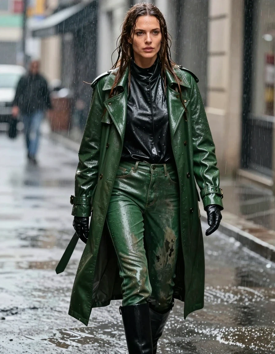 A photorealistic medium shot of a young adult European woman with long, dripping wet brown hair, captured walking through a heavy downpour. She is wearing an oversize black leather polar neck shirt, layered under a long green leather trench coat. Her legs are clad in green leather jeans that are visibly drenched, showing heavy wet folds, darkened saturated patches, and a high-gloss sheen reflecting the ambient light. She wears black leather knee-high boots and matching leather gloves on both hands. Her skin is glistening with rainwater, and her clothes are visibly soaked, clinging to her frame with realistic weight and texture. The environment is a rainy street, with water streaming off her hair and garments. High-contrast cinematic lighting, hyper-detailed wet textures, sharp focus on the water sheen and leather surfaces, 8k resolution, professional photography, no nudity.