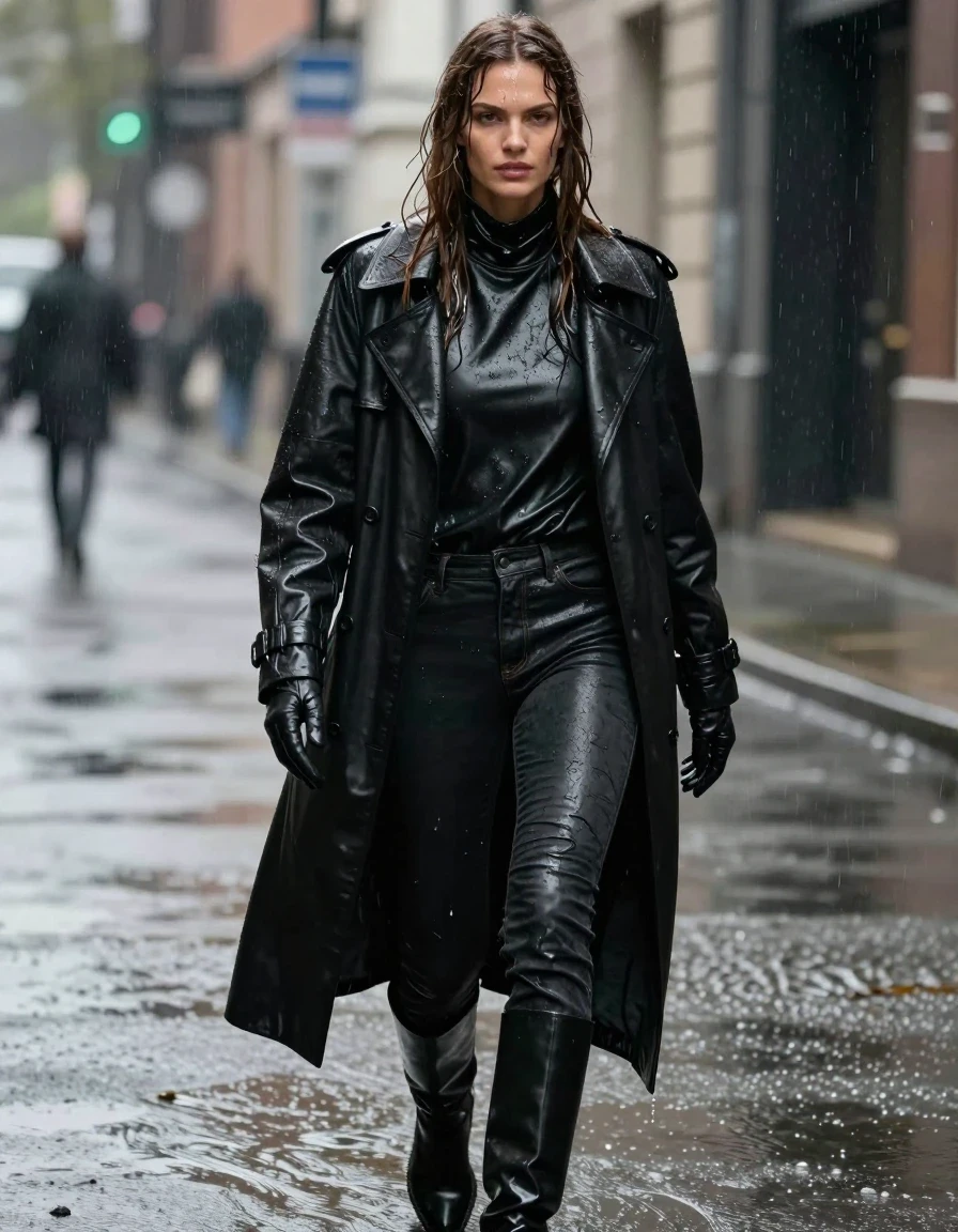A photorealistic full-body shot of a young adult European woman with long, dripping wet brown hair, walking through a city street in heavy rain. She is drenched, with water sheen clinging to her skin and clothes. She is wearing an oversize black leather polar neck shirt, a long black leather trench coat, and black leather gloves on both hands. Her legs are clad in black leather jeans that appear heavy and soaked with water, showing deep, unevenly saturated patches, realistic folds, and strong glossy specular reflections on the seams and creases. She wears black leather knee-high boots. The atmosphere is dark and rainy, with water droplets visible on her skin and fabric. The lighting highlights the wet textures and the clinging nature of the saturated leather garments. High-resolution, cinematic photography, sharp focus on textures, no nudity, professional lighting, realistic wetness.