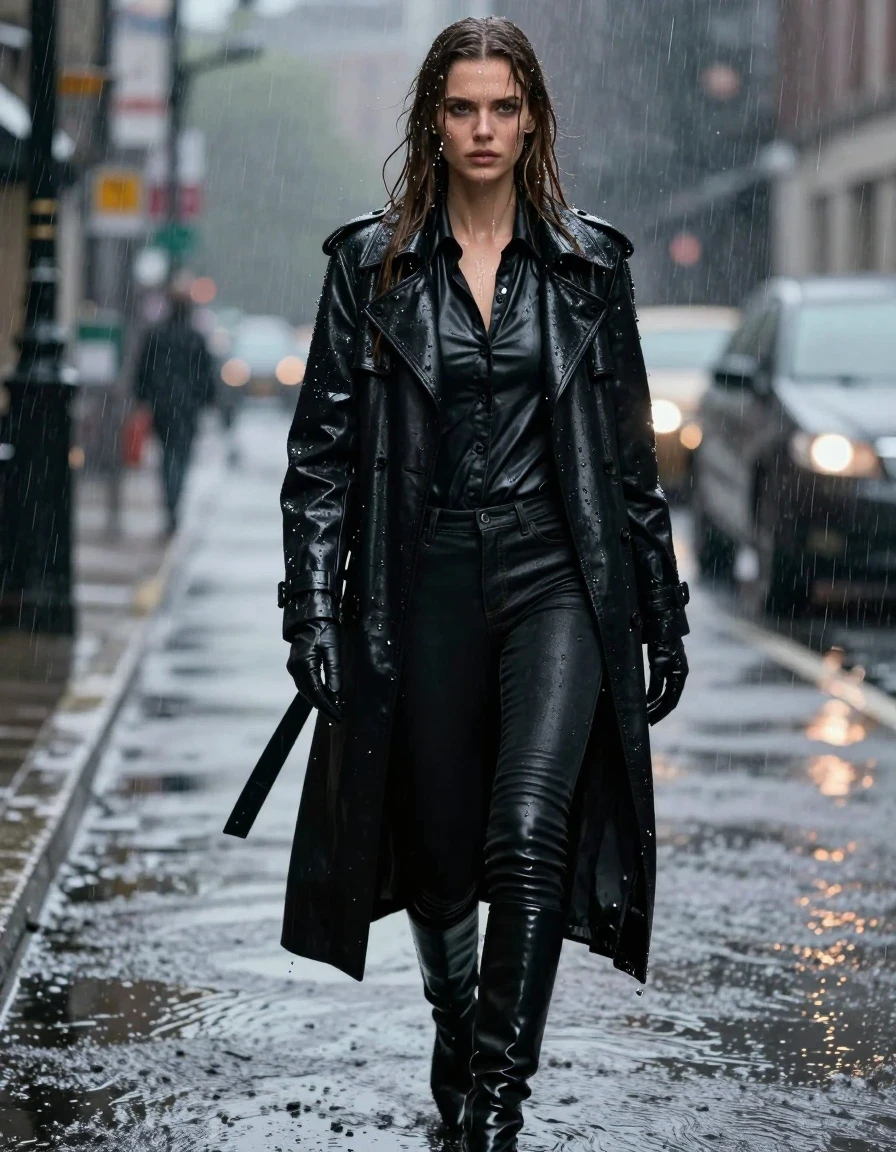 A stunning, photorealistic full-body shot of a young European woman with long, dripping wet brown hair, captured walking through a torrential downpour. She is wearing a structured oversize black leather polar neck shirt, layered beneath a long, heavy black leather trench coat that is glistening with water. Her legs are clad in tight black leather jeans that cling to her skin, and she wears sleek black leather knee-high boots and matching leather gloves. Her skin is visibly drenched, with water droplets streaming down her face and arms. The black leather garments are covered in a heavy water sheen, showing deep specular reflections and saturated dark tones with visible water weight, folds, and clinging textures. The atmosphere is dark and cinematic, set in a rain-swept city street at night, with heavy rain pouring down, creating a misty, moody environment. High-detail photographic quality, sharp focus on the wet textures, dramatic lighting reflecting off the slick leather surfaces, hyper-realistic water physics, professional cinematography.