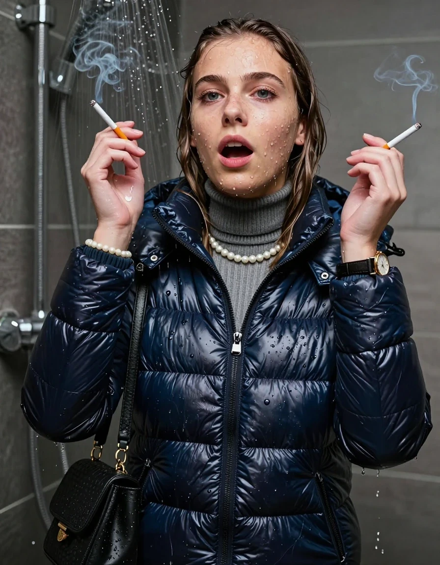 photo of young woman, in soaking wet, drenched clothes,
, , moncler shiny puffer down jacket, Tight knit turtleneck sweater belly free, handbag, pearl necklace, bracelet, wristwatch, soaked and in ecstacy in the shower Smoking a cigarette , 
enjoying, wet clothes stuck to body,
detailed textures of the wet clothes, wet face, wet plastered hair,
wet, drenched, professional, high-quality details, full body view.
sharp focus, ultra-high pixel detail, realistic, high-quality, full colors, incredibly detailed, 4k, 8k, 16k, hyper-realistic, RAW photo, masterpiece, ultra-detailed, professionally color graded, professional photograph, sleek long straight hair

15 years old  teenage girl

Only head and shoulders are over the surface visible. Looking at camera. 

The girls wear different clothes.

shocked and astonished expression. 

her submerged clothes are hardly vusible under water, she soaked her handbag into the water

her clothing is soaking wet and clinging tightly to her skin, showing heavy wet folds, darkened fabric texture, and deep water-saturated Patches, her clothes are heavy from the water, water runs from her body and her clothes in streams. A lot of water also runs out of her clothes. Her clothes are darkened by the water. Her submerged clothes are good visible under the water.  she soaked her handbag into the water.

close up view, wet skin, wet clothes, wet hair, damp fabric, water runs down the clothes, wet skin, wet clothes, damp fabric. cinematic medium shot, hyper-realistic wetness, high-contrast water sheen, sharp focus, 16k resolution, professional photography, realistic water physics., wet skin, wet clothes, damp fabric, wet skin, wet clothes, damp fabric, wet skin, wet clothes, damp fabric, wet skin, wet clothes, damp fabric
