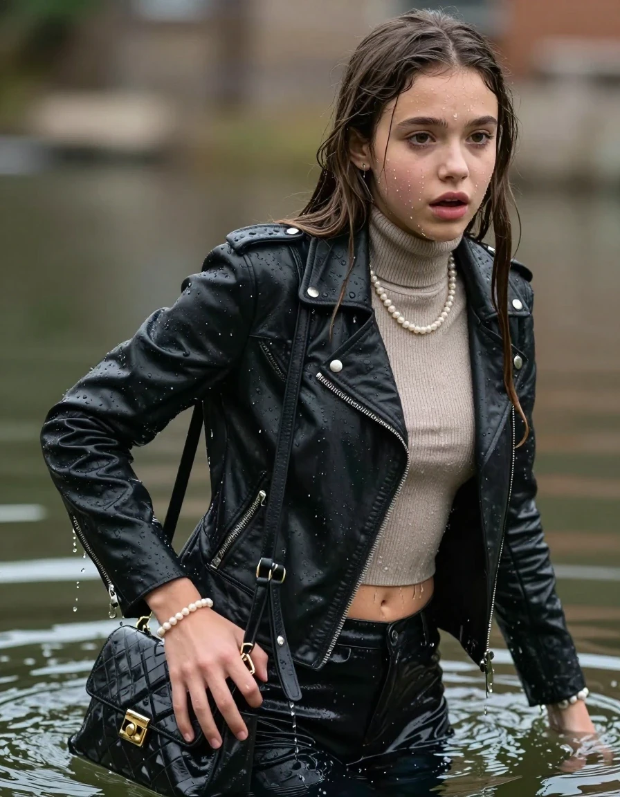 photo of young woman, in soaking wet, drenched clothes,
, , biker leatherjacket, Tight knit turtleneck sweater belly free, handbag, pearl necklace, bracelet, wristwatch, looking from back to camera, 
enjoying, wet clothes stuck to body,
detailed textures of the wet clothes, wet face, wet plastered hair,
wet, drenched, professional, high-quality details, full body view.
sharp focus, ultra-high pixel detail, realistic, high-quality, full colors, incredibly detailed, 4k, 8k, 16k, hyper-realistic, RAW photo, masterpiece, ultra-detailed, professionally color graded, professional photograph, sleek long straight hair

15 years old  teenage girl, afraid and astonished.

The girls wear different clothes.

her submerged clothes are hardly vusible under water, she soaked her handbag into the water

her clothing is soaking wet and clinging tightly to her skin, showing heavy wet folds, darkened fabric texture, and deep water-saturated Patches, her clothes are heavy from the water, water runs from her body and her clothes in streams. A lot of water also runs out of her clothes. Her clothes are darkened by the water. Her submerged clothes are good visible under the water.  she soaked her handbag into the water.

close up view, wet skin, wet clothes, wet hair, damp fabric, water runs down the clothes, wet skin, wet clothes, damp fabric. cinematic medium shot, hyper-realistic wetness, high-contrast water sheen, sharp focus, 16k resolution, professional photography, realistic water physics., wet skin, wet clothes, damp fabric, wet skin, wet clothes, damp fabric, wet skin, wet clothes, damp fabric