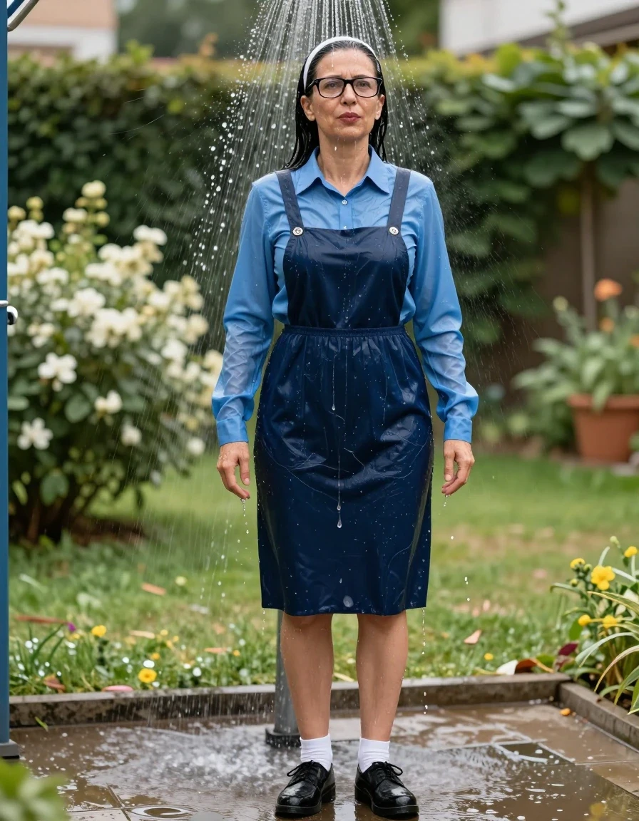 photo of young woman, in soaking wet, drenched clothes,
black shoes, white socks, blue school long pinafore over a blue long-sleeved shirt, blue school long pinafore over a blue long-sleeved shirt, shower in sunny school garden, enjoying wet clothes stuck body, enjoying, wet clothes stuck to body, 
enjoying, wet clothes stuck to body,
detailed textures of the wet clothes, wet face, wet plastered hair,
wet, drenched, professional, high-quality details, full body view.
sharp focus, ultra-high pixel detail, realistic, high-quality, full colors, incredibly detailed, 4k, 8k, 16k, hyper-realistic, RAW photo, masterpiece, ultra-detailed, professionally color graded, professional photograph, europen brunette skinny woman 50 years old, long dark black hair, very big and thick lips,  office glasses, white headband, complete body, wet skin, wet clothes, damp fabric, wet skin, wet clothes, damp fabric, wet skin, wet clothes, damp fabric, wet skin, wet clothes, damp fabric, wet skin, wet clothes, damp fabric, wet skin, wet clothes, damp fabric, wet skin, wet clothes, damp fabric