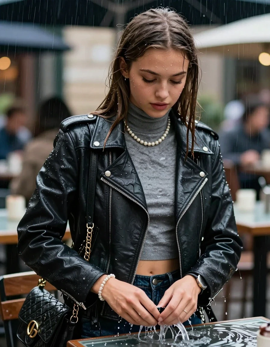 photo of young woman, in soaking wet, drenched clothes,
, , biker leatherjacket, Tight knit turtleneck sweater belly free, handbag, pearl necklace, bracelet, wristwatch, under heavy rain at outdoor restaurant, 
enjoying, wet clothes stuck to body,
detailed textures of the wet clothes, wet face, wet plastered hair,
wet, drenched, professional, high-quality details, full body view.
sharp focus, ultra-high pixel detail, realistic, high-quality, full colors, incredibly detailed, 4k, 8k, 16k, hyper-realistic, RAW photo, masterpiece, ultra-detailed, professionally color graded, professional photograph, sleek long straight hair

15 years old  teenage girl

The girls wear different clothes.

her submerged clothes are hardly vusible under water, she soaked her handbag into the water

her clothing is soaking wet and clinging tightly to her skin, showing heavy wet folds, darkened fabric texture, and deep water-saturated Patches, her clothes are heavy from the water, water runs from her body and her clothes in streams. A lot of water also runs out of her clothes. Her clothes are darkened by the water. Her submerged clothes are good visible under the water.  she soaked her handbag into the water.

close up view, wet skin, wet clothes, wet hair, damp fabric, water runs down the clothes, wet skin, wet clothes, damp fabric. cinematic medium shot, hyper-realistic wetness, high-contrast water sheen, sharp focus, 16k resolution, professional photography, realistic water physics., wet skin, wet clothes, damp fabric, wet skin, wet clothes, damp fabric, wet skin, wet clothes, damp fabric