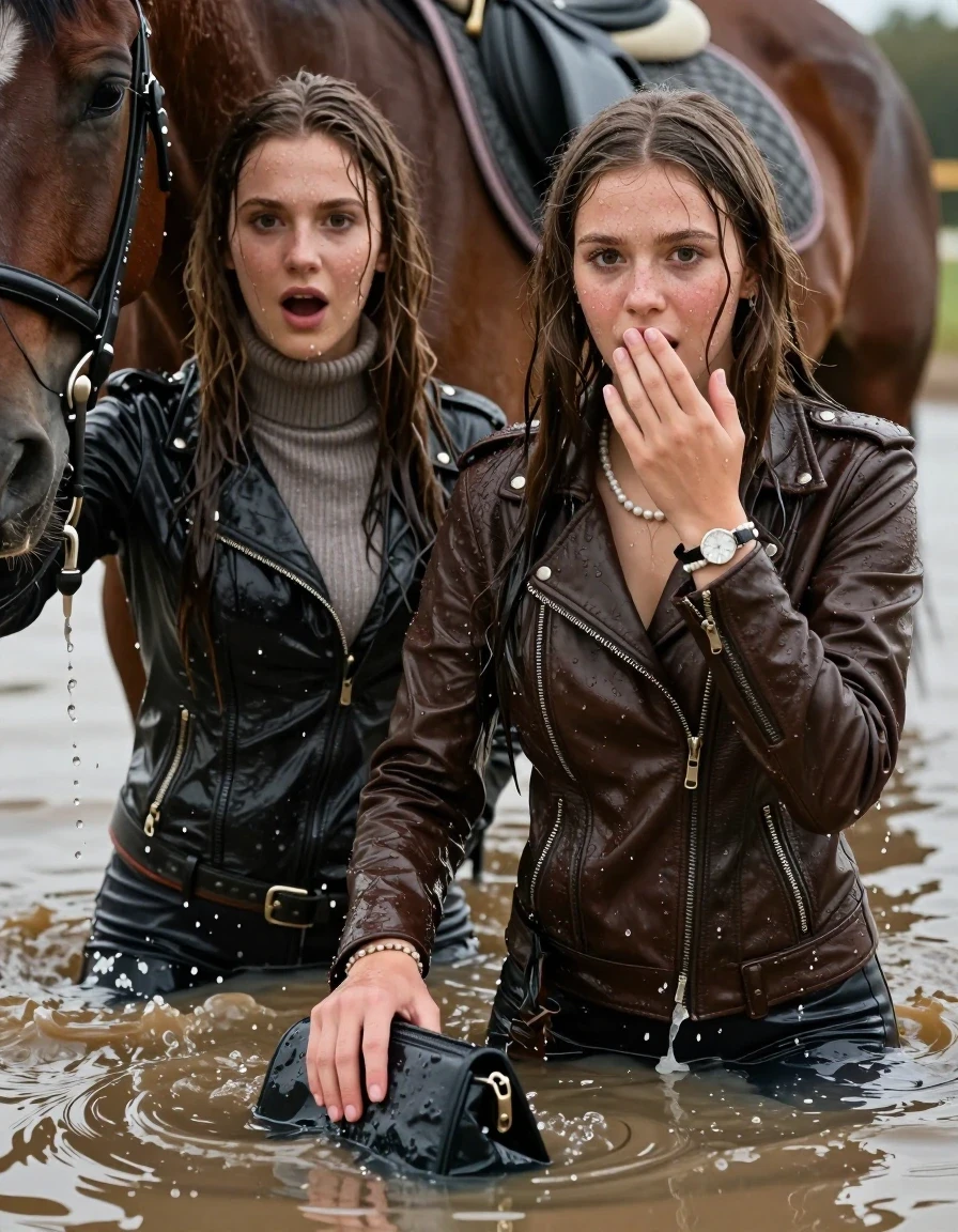 photo of young woman, in soaking wet, drenched clothes,
, , Biker leatherjacket, Tight knit turtleneck sweater belly free, handbag, pearl necklace, bracelet, wristwatch, guiding a horse through a deep mud pond, 
enjoying, wet clothes stuck to body,
detailed textures of the wet clothes, wet face, wet plastered hair,
wet, drenched, professional, high-quality details, full body view.
sharp focus, ultra-high pixel detail, realistic, high-quality, full colors, incredibly detailed, 4k, 8k, 16k, hyper-realistic, RAW photo, masterpiece, ultra-detailed, professionally color graded, professional photograph, sleek long straight hair

Two 19 years old  teenage girl

Only head and shoulders are over the surface visible. Open mouth, big eyes. Looking at camera. Hold her hand in front of her mouth.

The girls wear different clothes.

she is completely underwater up to her neck, surprised and astonished expression. 

her submerged clothes are hardly vusible under water, she soaked her handbag into the water

her clothing is soaking wet and clinging tightly to her skin, showing heavy wet folds, darkened fabric texture, and deep water-saturated Patches, her clothes are heavy from the water, water runs from her body and her clothes in streams. A lot of water also runs out of her clothes. Her clothes are darkened by the water. Her submerged clothes are good visible under the water.  she soaked her handbag into the water.

close up view, wet skin, wet clothes, wet hair, damp fabric, water runs down the clothes, wet skin, wet clothes, damp fabric. cinematic medium shot, hyper-realistic wetness, high-contrast water sheen, sharp focus, 8k resolution, professional photography, realistic water physics., wet skin, wet clothes, damp fabric, wet skin, wet clothes, damp fabric