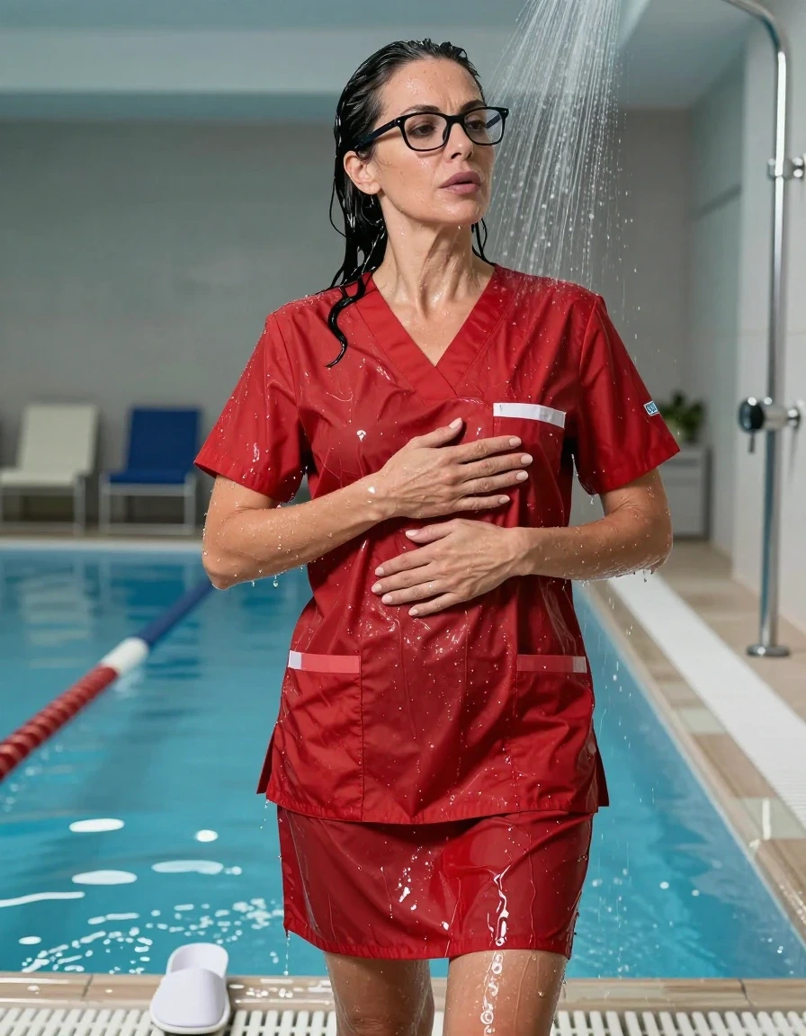 photo of young woman, in soaking wet, drenched clothes,
white slippers, red scrubs with skirt, red scrubs with skirt, taking shower after bath in indoor swimming pool, enjoying wet clothes stuck body, enjoying, wet clothes stuck to body, 
enjoying, wet clothes stuck to body,
detailed textures of the wet clothes, wet face, wet plastered hair,
wet, drenched, professional, high-quality details, full body view.
sharp focus, ultra-high pixel detail, realistic, high-quality, full colors, incredibly detailed, 4k, 8k, 16k, hyper-realistic, RAW photo, masterpiece, ultra-detailed, professionally color graded, professional photograph, europen brunette skinny woman 50 years old, long dark black hair, very big and thick lips,  office glasses, complete body, wet skin, wet clothes, damp fabric, wet skin, wet clothes, damp fabric, wet skin, wet clothes, damp fabric, wet skin, wet clothes, damp fabric, wet skin, wet clothes, damp fabric, wet skin, wet clothes, damp fabric, wet skin, wet clothes, damp fabric