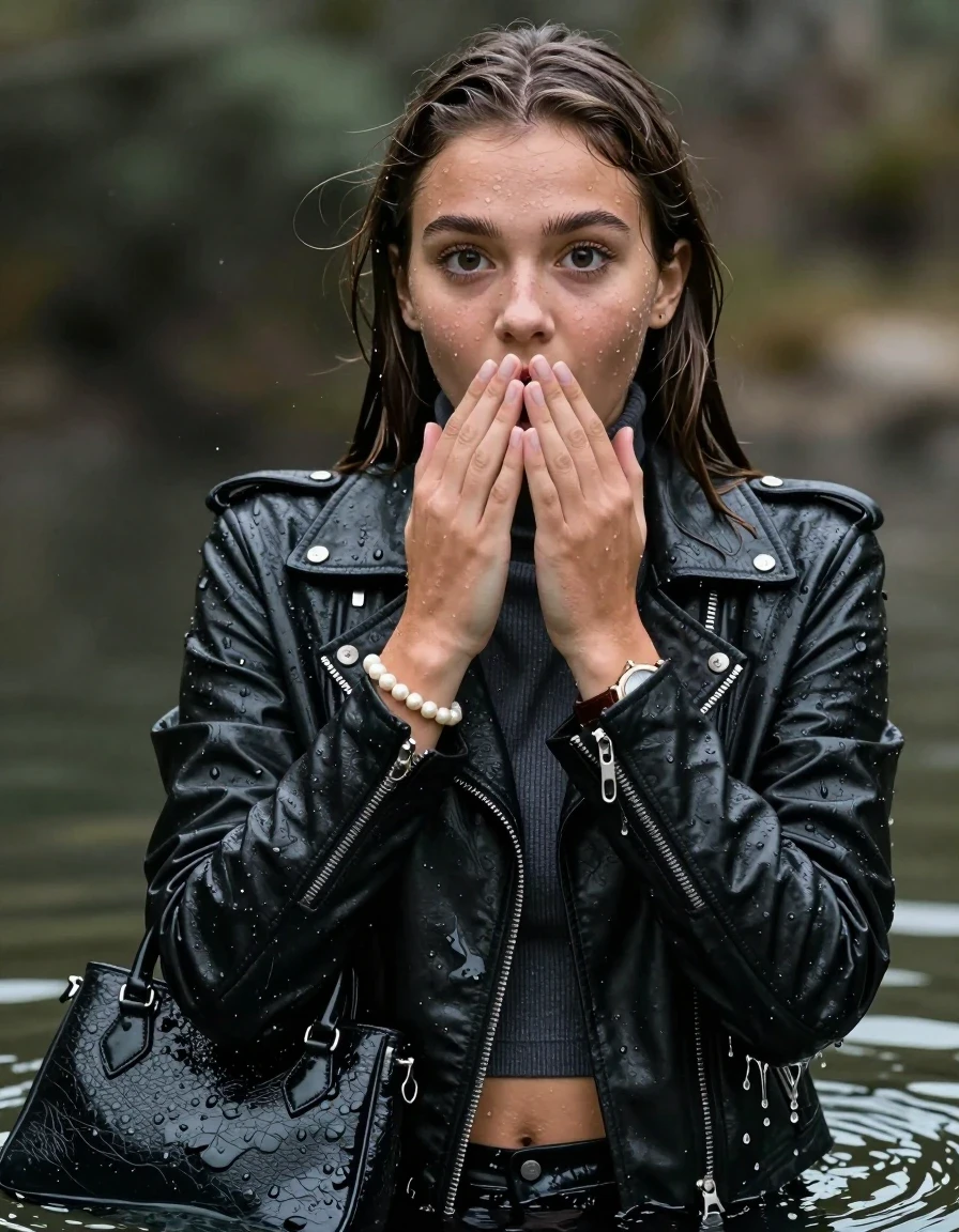 photo of young woman, in soaking wet, drenched clothes,
, , black Biker leatherjacket, Tight knit turtleneck sweater belly free, handbag, pearl necklace, bracelet, wristwatch, drenched, 
enjoying, wet clothes stuck to body,
detailed textures of the wet clothes, wet face, wet plastered hair,
wet, drenched, professional, high-quality details, full body view.
sharp focus, ultra-high pixel detail, realistic, high-quality, full colors, incredibly detailed, 4k, 8k, 16k, hyper-realistic, RAW photo, masterpiece, ultra-detailed, professionally color graded, professional photograph, sleek long straight hair

19 years old  teenage girl

Only head and shoulders are over the surface visible. Open mouth, big eyes. Looking at camera. Hold her hands over her mouth.

The girls wear different clothes.

she is completely underwater up to her neck, surprised and astonished expression. 

her submerged clothes are hardly vusible under water, she soaked her handbag into the water

her clothing is soaking wet and clinging tightly to her skin, showing heavy wet folds, darkened fabric texture, and deep water-saturated Patches, her clothes are heavy from the water, water runs from her body and her clothes in streams. A lot of water also runs out of her clothes. Her clothes are darkened by the water. Her submerged clothes are good visible under the water.  she soaked her handbag into the water.

close up view, wet skin, wet clothes, wet hair, damp fabric, water runs down the clothes, wet skin, wet clothes, damp fabric. cinematic medium shot, hyper-realistic wetness, high-contrast water sheen, sharp focus, 16k resolution, professional photography, realistic water physics., wet skin, wet clothes, damp fabric, wet skin, wet clothes, damp fabric
