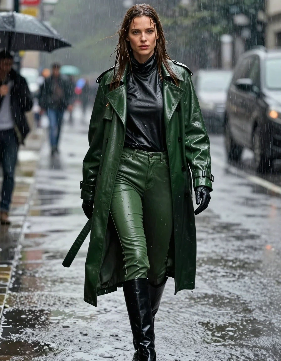 A photorealistic full-body shot of a young adult European woman with long, dripping wet brown hair, walking through a torrential downpour. She is wearing an oversize black leather polar neck shirt, layered under a long green leather trench coat, paired with green leather jeans and black leather knee-high boots. She wears fitted leather gloves on both hands. Her skin and clothing are visibly drenched, with the leather garments displaying a heavy, saturated sheen, dark deep-toned patches, and realistic water-clinging folds. The environment is a rain-slicked street at night, with heavy rain pouring down, creating water sheen on all surfaces. Cinematic lighting highlights the wet texture of her hair and the reflective, glossy surface of the soaked leather attire. High-resolution, sharp focus, 8k, professional photography, clothing remains fully intact and modest, no nudity.