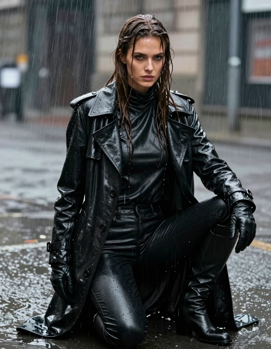 A photorealistic medium shot of a young adult European woman with long, dripping wet brown hair and glistening wet skin, kneeling in heavy rain. She is wearing an oversize black leather polar neck shirt, a long black leather trench coat, black leather jeans, and black leather gloves on both hands, finished with black leather knee-high boots. All garments are visibly drenched, with the leather showing deep, dark tones, heavy weight, and intense glossy specular reflections from the rain. Water cascades down the folds of the clothing and her hair. The scene is set in an urban environment during a torrential downpour, with water splashing around her knees. Cinematic lighting highlights the texture of the soaked leather and the wet skin. High-resolution, sharp focus, 8k, professional photography, no nudity, fully clothed, modest attire.