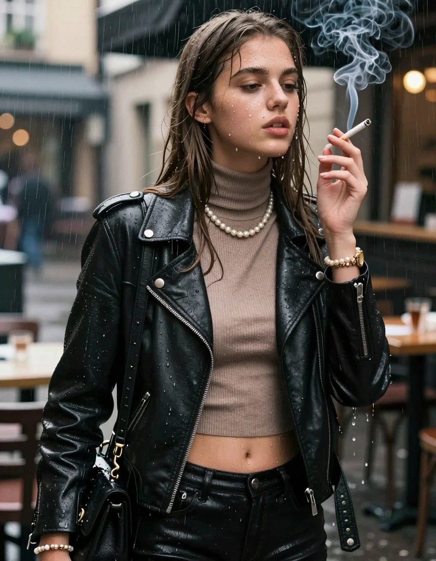 photo of young woman, in soaking wet, drenched clothes,
, , biker leatherjacket, Tight knit turtleneck sweater belly free, handbag, pearl necklace, bracelet, wristwatch, under heavy rain at outdoor restaurant, smoking a cigarette, 
enjoying, wet clothes stuck to body,
detailed textures of the wet clothes, wet face, wet plastered hair,
wet, drenched, professional, high-quality details, full body view.
sharp focus, ultra-high pixel detail, realistic, high-quality, full colors, incredibly detailed, 4k, 8k, 16k, hyper-realistic, RAW photo, masterpiece, ultra-detailed, professionally color graded, professional photograph, sleek long straight hair

15 years old  teenage girl

The girls wear different clothes.

her submerged clothes are hardly vusible under water, she soaked her handbag into the water

her clothing is soaking wet and clinging tightly to her skin, showing heavy wet folds, darkened fabric texture, and deep water-saturated Patches, her clothes are heavy from the water, water runs from her body and her clothes in streams. A lot of water also runs out of her clothes. Her clothes are darkened by the water. Her submerged clothes are good visible under the water.  she soaked her handbag into the water.

close up view, wet skin, wet clothes, wet hair, damp fabric, water runs down the clothes, wet skin, wet clothes, damp fabric. cinematic medium shot, hyper-realistic wetness, high-contrast water sheen, sharp focus, 16k resolution, professional photography, realistic water physics., wet skin, wet clothes, damp fabric, wet skin, wet clothes, damp fabric, wet skin, wet clothes, damp fabric