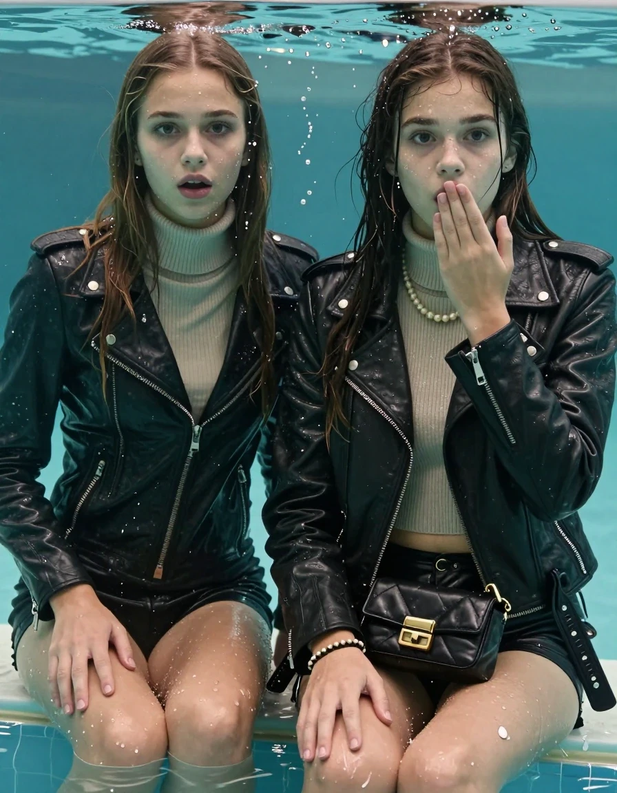 photo of young woman, in soaking wet, drenched clothes,
, , Biker leatherjacket, Tight knit turtleneck sweater belly free, handbag, pearl necklace, bracelet, wristwatch, sitting at the edge of a pool, 
enjoying, wet clothes stuck to body,
detailed textures of the wet clothes, wet face, wet plastered hair,
wet, drenched, professional, high-quality details, full body view.
sharp focus, ultra-high pixel detail, realistic, high-quality, full colors, incredibly detailed, 4k, 8k, 16k, hyper-realistic, RAW photo, masterpiece, ultra-detailed, professionally color graded, professional photograph, sleek long straight hair

Two 15 years old  teenage girl

Only head and shoulders are over the surface visible. Open mouth, big eyes. Looking at camera. Hold her hand in front of her mouth.

The girls wear different clothes.

she is completely underwater up to her neck, surprised and astonished expression. 

her submerged clothes are hardly vusible under water, she soaked her handbag into the water

her clothing is soaking wet and clinging tightly to her skin, showing heavy wet folds, darkened fabric texture, and deep water-saturated Patches, her clothes are heavy from the water, water runs from her body and her clothes in streams. A lot of water also runs out of her clothes. Her clothes are darkened by the water. Her submerged clothes are good visible under the water.  she soaked her handbag into the water.

close up view, wet skin, wet clothes, wet hair, damp fabric, water runs down the clothes, wet skin, wet clothes, damp fabric. cinematic medium shot, hyper-realistic wetness, high-contrast water sheen, sharp focus, 8k resolution, professional photography, realistic water physics., wet skin, wet clothes, damp fabric, wet skin, wet clothes, damp fabric