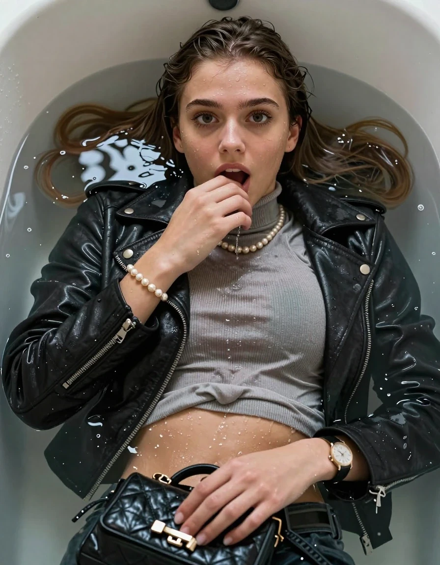 photo of young woman, in soaking wet, drenched clothes,
, , Biker leatherjacket, Tight knit turtleneck sweater belly free, handbag, pearl necklace, bracelet, wristwatch, lying down in a deep bath with soapy water covering breasts, 
enjoying, wet clothes stuck to body,
detailed textures of the wet clothes, wet face, wet plastered hair,
wet, drenched, professional, high-quality details, full body view.
sharp focus, ultra-high pixel detail, realistic, high-quality, full colors, incredibly detailed, 4k, 8k, 16k, hyper-realistic, RAW photo, masterpiece, ultra-detailed, professionally color graded, professional photograph, sleek long straight hair

19 years old  teenage girl

Only head and shoulders are over the surface visible. Open mouth, big eyes. Looking at camera. Hold her hand in front of her mouth.

The girls wear different clothes.

she is completely underwater up to her neck, surprised and astonished expression. 

her submerged clothes are hardly vusible under water, she soaked her handbag into the water

her clothing is soaking wet and clinging tightly to her skin, showing heavy wet folds, darkened fabric texture, and deep water-saturated Patches, her clothes are heavy from the water, water runs from her body and her clothes in streams. A lot of water also runs out of her clothes. Her clothes are darkened by the water. Her submerged clothes are good visible under the water.  she soaked her handbag into the water.

close up view, wet skin, wet clothes, wet hair, damp fabric, water runs down the clothes, wet skin, wet clothes, damp fabric. cinematic medium shot, hyper-realistic wetness, high-contrast water sheen, sharp focus, 16k resolution, professional photography, realistic water physics., wet skin, wet clothes, damp fabric, wet skin, wet clothes, damp fabric