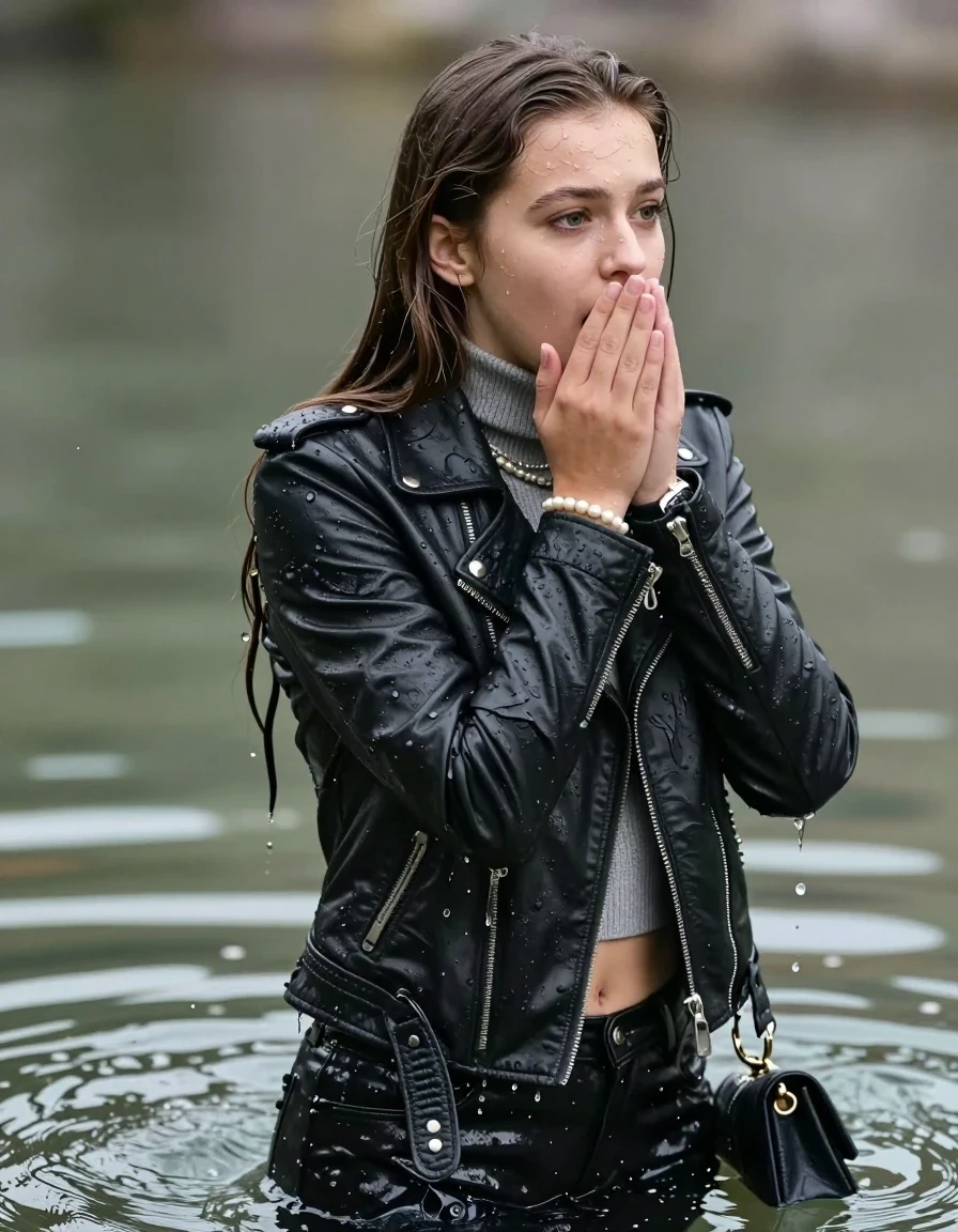 photo of young woman, in soaking wet, drenched clothes,
, , biker leatherjacket, Tight knit turtleneck sweater belly free, handbag, pearl necklace, bracelet, wristwatch, looking from back to camera, 
enjoying, wet clothes stuck to body,
detailed textures of the wet clothes, wet face, wet plastered hair,
wet, drenched, professional, high-quality details, full body view.
sharp focus, ultra-high pixel detail, realistic, high-quality, full colors, incredibly detailed, 4k, 8k, 16k, hyper-realistic, RAW photo, masterpiece, ultra-detailed, professionally color graded, professional photograph, sleek long straight hair

15 years old  teenage girl, afraid and astonished.
Hold her hand over mouth.

The girls wear different clothes.

her submerged clothes are hardly vusible under water, she soaked her handbag into the water

her clothing is soaking wet and clinging tightly to her skin, showing heavy wet folds, darkened fabric texture, and deep water-saturated Patches, her clothes are heavy from the water, water runs from her body and her clothes in streams. A lot of water also runs out of her clothes. Her clothes are darkened by the water. Her submerged clothes are good visible under the water.  she soaked her handbag into the water.

close up view, wet skin, wet clothes, wet hair, damp fabric, water runs down the clothes, wet skin, wet clothes, damp fabric. cinematic medium shot, hyper-realistic wetness, high-contrast water sheen, sharp focus, 16k resolution, professional photography, realistic water physics., wet skin, wet clothes, damp fabric, wet skin, wet clothes, damp fabric, wet skin, wet clothes, damp fabric