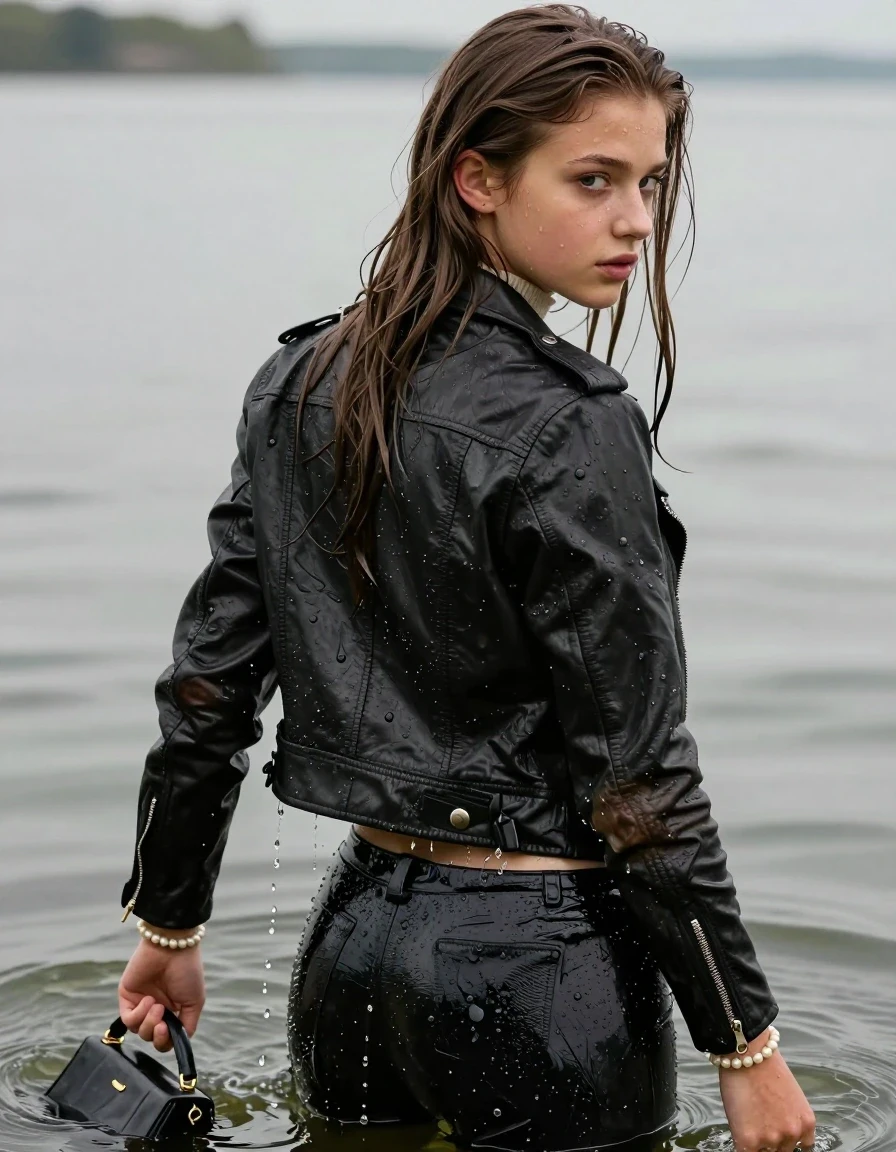 photo of young woman, in soaking wet, drenched clothes,
, , biker leatherjacket, Tight knit turtleneck sweater belly free, handbag, pearl necklace, bracelet, wristwatch, looking from back to camera, 
enjoying, wet clothes stuck to body,
detailed textures of the wet clothes, wet face, wet plastered hair,
wet, drenched, professional, high-quality details, full body view.
sharp focus, ultra-high pixel detail, realistic, high-quality, full colors, incredibly detailed, 4k, 8k, 16k, hyper-realistic, RAW photo, masterpiece, ultra-detailed, professionally color graded, professional photograph, sleek long straight hair

15 years old  teenage girl

The girls wear different clothes.

her submerged clothes are hardly vusible under water, she soaked her handbag into the water

her clothing is soaking wet and clinging tightly to her skin, showing heavy wet folds, darkened fabric texture, and deep water-saturated Patches, her clothes are heavy from the water, water runs from her body and her clothes in streams. A lot of water also runs out of her clothes. Her clothes are darkened by the water. Her submerged clothes are good visible under the water.  she soaked her handbag into the water.

close up view, wet skin, wet clothes, wet hair, damp fabric, water runs down the clothes, wet skin, wet clothes, damp fabric. cinematic medium shot, hyper-realistic wetness, high-contrast water sheen, sharp focus, 16k resolution, professional photography, realistic water physics., wet skin, wet clothes, damp fabric, wet skin, wet clothes, damp fabric, wet skin, wet clothes, damp fabric