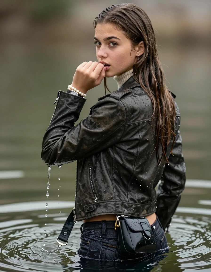 photo of young woman, in soaking wet, drenched clothes,
, , biker leatherjacket, Tight knit turtleneck sweater belly free, handbag, pearl necklace, bracelet, wristwatch, looking from back to camera, 
enjoying, wet clothes stuck to body,
detailed textures of the wet clothes, wet face, wet plastered hair,
wet, drenched, professional, high-quality details, full body view.
sharp focus, ultra-high pixel detail, realistic, high-quality, full colors, incredibly detailed, 4k, 8k, 16k, hyper-realistic, RAW photo, masterpiece, ultra-detailed, professionally color graded, professional photograph, sleek long straight hair

15 years old  teenage girl
Hold her hand on mouth.

The girls wear different clothes.

her submerged clothes are hardly vusible under water, she soaked her handbag into the water

her clothing is soaking wet and clinging tightly to her skin, showing heavy wet folds, darkened fabric texture, and deep water-saturated Patches, her clothes are heavy from the water, water runs from her body and her clothes in streams. A lot of water also runs out of her clothes. Her clothes are darkened by the water. Her submerged clothes are good visible under the water.  she soaked her handbag into the water.

close up view, wet skin, wet clothes, wet hair, damp fabric, water runs down the clothes, wet skin, wet clothes, damp fabric. cinematic medium shot, hyper-realistic wetness, high-contrast water sheen, sharp focus, 16k resolution, professional photography, realistic water physics., wet skin, wet clothes, damp fabric, wet skin, wet clothes, damp fabric, wet skin, wet clothes, damp fabric