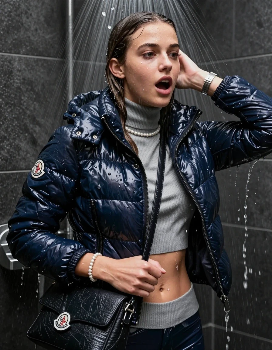 photo of young woman, in soaking wet, drenched clothes,
, , moncler shiny puffer down jacket, Tight knit turtleneck sweater belly free, handbag, pearl necklace, bracelet, wristwatch, soaked and in ecstacy in the shower, 
enjoying, wet clothes stuck to body,
detailed textures of the wet clothes, wet face, wet plastered hair,
wet, drenched, professional, high-quality details, full body view.
sharp focus, ultra-high pixel detail, realistic, high-quality, full colors, incredibly detailed, 4k, 8k, 16k, hyper-realistic, RAW photo, masterpiece, ultra-detailed, professionally color graded, professional photograph, sleek long straight hair

19 years old  teenage girl

The girls wear different clothes.

shocked and astonished expression. 

her submerged clothes are hardly vusible under water, she soaked her handbag into the water

her clothing is soaking wet and clinging tightly to her skin, showing heavy wet folds, darkened fabric texture, and deep water-saturated Patches, her clothes are heavy from the water, water runs from her body and her clothes in streams. A lot of water also runs out of her clothes. Her clothes are darkened by the water. Her submerged clothes are good visible under the water.  she soaked her handbag into the water.

close up view, wet skin, wet clothes, wet hair, damp fabric, water runs down the clothes, wet skin, wet clothes, damp fabric. cinematic medium shot, hyper-realistic wetness, high-contrast water sheen, sharp focus, 16k resolution, professional photography, realistic water physics., wet skin, wet clothes, damp fabric, wet skin, wet clothes, damp fabric, wet skin, wet clothes, damp fabric
