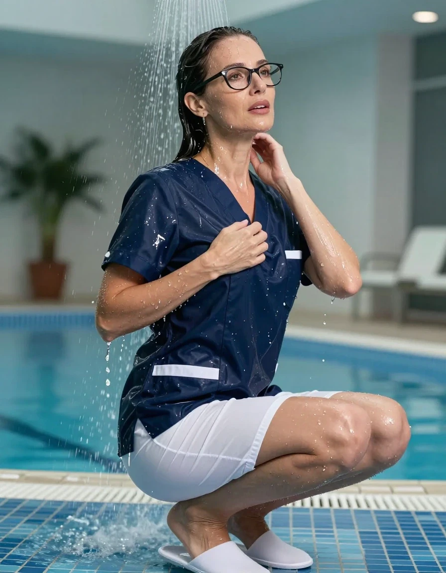 photo of young woman, in soaking wet, drenched clothes,
white slippers, dark blue scrubs with white skirt, dark blue scrubs with white skirt, taking shower after bath in indoor swimming pool, enjoying wet clothes stuck body, enjoying, wet clothes stuck to body, 
enjoying, wet clothes stuck to body,
detailed textures of the wet clothes, wet face, wet plastered hair,
wet, drenched, professional, high-quality details, full body view.
sharp focus, ultra-high pixel detail, realistic, high-quality, full colors, incredibly detailed, 4k, 8k, 16k, hyper-realistic, RAW photo, masterpiece, ultra-detailed, professionally color graded, professional photograph, europen brunette skinny woman 50 years old, long dark black hair, very big and thick lips,  office glasses, complete body, wet skin, wet clothes, damp fabric, wet skin, wet clothes, damp fabric, wet skin, wet clothes, damp fabric, wet skin, wet clothes, damp fabric, wet skin, wet clothes, damp fabric, wet skin, wet clothes, damp fabric, wet skin, wet clothes, damp fabric