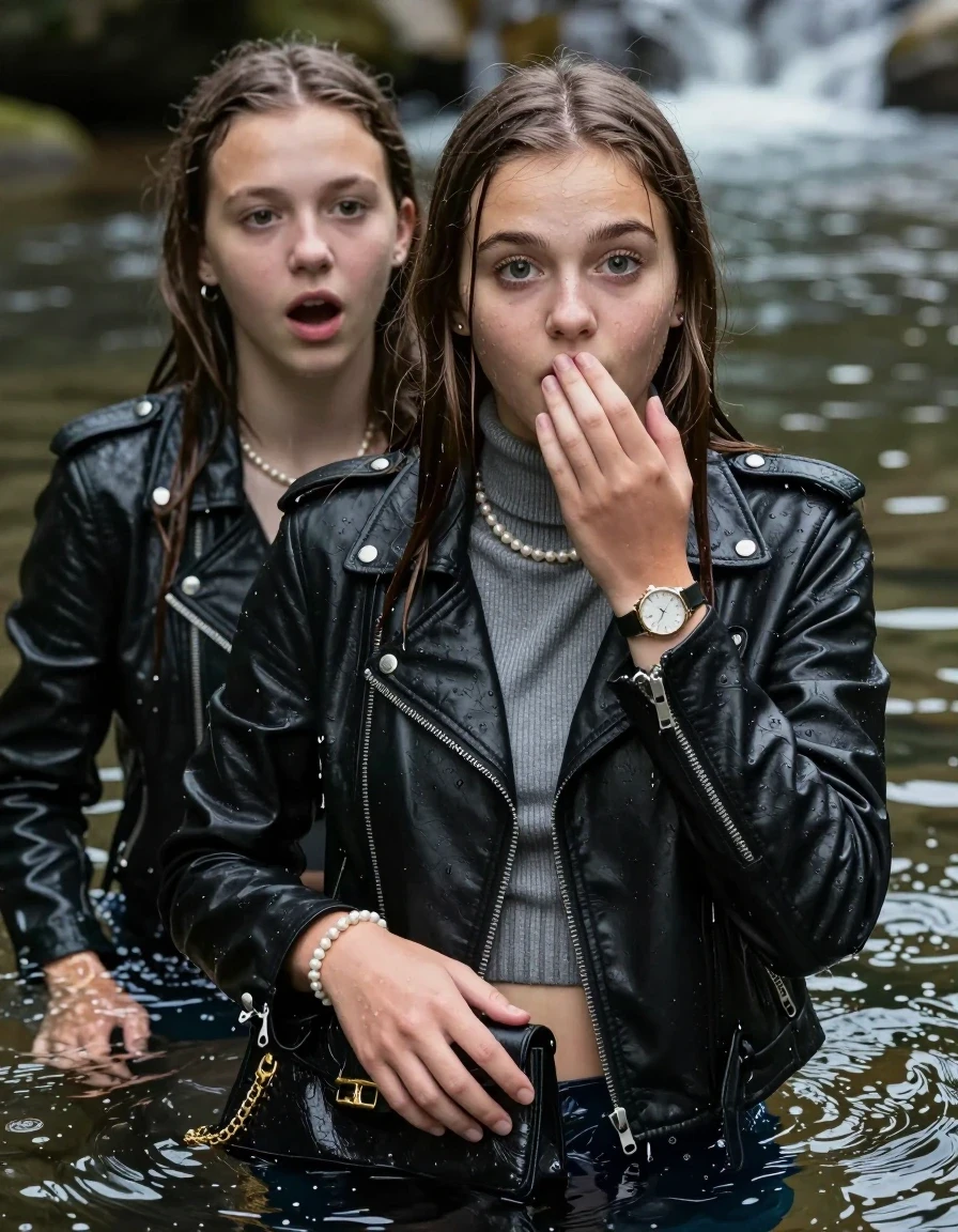 photo of young woman, in soaking wet, drenched clothes,
, , Biker leatherjacket, Tight knit turtleneck sweater belly free, handbag, pearl necklace, bracelet, wristwatch, swimming in the river, 
enjoying, wet clothes stuck to body,
detailed textures of the wet clothes, wet face, wet plastered hair,
wet, drenched, professional, high-quality details, full body view.
sharp focus, ultra-high pixel detail, realistic, high-quality, full colors, incredibly detailed, 4k, 8k, 16k, hyper-realistic, RAW photo, masterpiece, ultra-detailed, professionally color graded, professional photograph, sleek long straight hair

Two 15 years old  teenage girl

Only head and shoulders are over the surface visible. Open mouth, big eyes. Looking at camera. Hold her hand in front of her mouth.

The girls wear different clothes.

she is completely underwater up to her neck, surprised and astonished expression. 

her submerged clothes are hardly vusible under water, she soaked her handbag into the water

her clothing is soaking wet and clinging tightly to her skin, showing heavy wet folds, darkened fabric texture, and deep water-saturated Patches, her clothes are heavy from the water, water runs from her body and her clothes in streams. A lot of water also runs out of her clothes. Her clothes are darkened by the water. Her submerged clothes are good visible under the water.  she soaked her handbag into the water.

close up view, wet skin, wet clothes, wet hair, damp fabric, water runs down the clothes, wet skin, wet clothes, damp fabric. cinematic medium shot, hyper-realistic wetness, high-contrast water sheen, sharp focus, 8k resolution, professional photography, realistic water physics., wet skin, wet clothes, damp fabric, wet skin, wet clothes, damp fabric
