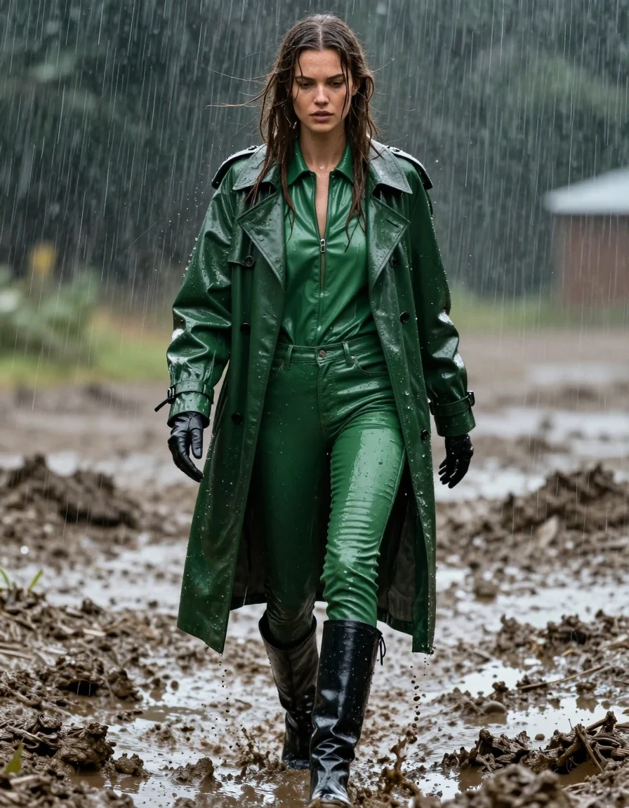 A high-detail, photorealistic wide shot of a young adult European woman with long, dripping wet brown hair, walking through a muddy pit during a heavy rainstorm. She is wearing an oversized green vinyl polar neck shirt, a green leather trench coat, green leather jeans, and black leather knee-high boots, with leather gloves on both hands. The clothing is heavily drenched, clinging to her form with deep, saturated colors, heavy wet folds, and intense water sheen. Her skin is glistening with rain and mud, showing realistic texture and dampness. The atmosphere is dark and stormy, with visible rain streaks, mud splatters covering her clothes and skin, and strong glossy specular reflections from the wet surfaces. The scene is captured with sharp focus on the textures of the wet leather, vinyl, and mud, emphasizing the weight and saturation of the soaked fabrics. No nudity, clean anatomy, realistic proportions, high-contrast lighting, cinematic composition.