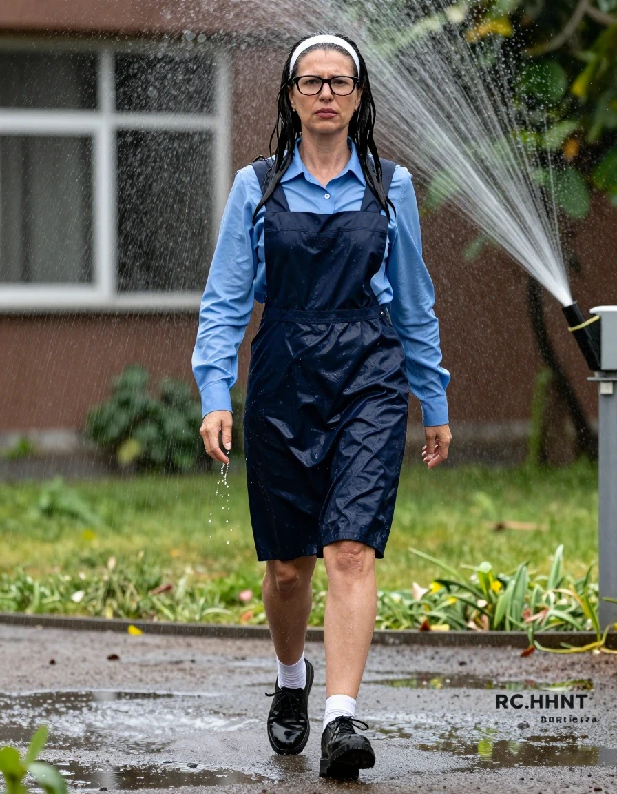 photo of young woman, in soaking wet, drenched clothes,
black shoes, white socks, blue school long pinafore over a blue long-sleeved shirt, blue school long pinafore over a blue long-sleeved shirt, walking under sprinklers under sunny school garden, enjoying wet clothes stuck body, enjoying, wet clothes stuck to body, 
enjoying, wet clothes stuck to body,
detailed textures of the wet clothes, wet face, wet plastered hair,
wet, drenched, professional, high-quality details, full body view.
sharp focus, ultra-high pixel detail, realistic, high-quality, full colors, incredibly detailed, 4k, 8k, 16k, hyper-realistic, RAW photo, masterpiece, ultra-detailed, professionally color graded, professional photograph, europen brunette skinny woman 50 years old, long dark black hair, very big and thick lips,  office glasses, white headband, complete body, wet skin, wet clothes, damp fabric, wet skin, wet clothes, damp fabric, wet skin, wet clothes, damp fabric, wet skin, wet clothes, damp fabric, wet skin, wet clothes, damp fabric, wet skin, wet clothes, damp fabric, wet skin, wet clothes, damp fabric