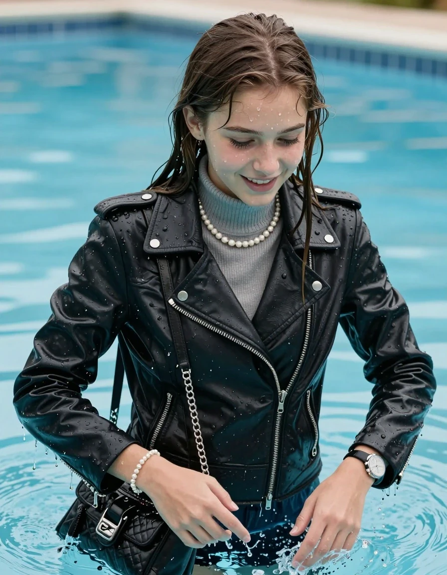 photo of young woman, in soaking wet, drenched clothes,
, , biker leatherjacket, Tight knit turtleneck sweater belly free, handbag, pearl necklace, bracelet, wristwatch, diving into pool, 
enjoying, wet clothes stuck to body,
detailed textures of the wet clothes, wet face, wet plastered hair,
wet, drenched, professional, high-quality details, full body view.
sharp focus, ultra-high pixel detail, realistic, high-quality, full colors, incredibly detailed, 4k, 8k, 16k, hyper-realistic, RAW photo, masterpiece, ultra-detailed, professionally color graded, professional photograph, sleek long straight hair

15 years old  teenage girl, shy and awkward, but she giggles anyway.


The girls wear different clothes.

her submerged clothes are hardly vusible under water, she soaked her handbag into the water

her clothing is soaking wet and clinging tightly to her skin, showing heavy wet folds, darkened fabric texture, and deep water-saturated Patches, her clothes are heavy from the water, water runs from her body and her clothes in streams. A lot of water also runs out of her clothes. Her clothes are darkened by the water. Her submerged clothes are good visible under the water.  she soaked her handbag into the water.

close up view, wet skin, wet clothes, wet hair, damp fabric, water runs down the clothes, wet skin, wet clothes, damp fabric. cinematic medium shot, hyper-realistic wetness, high-contrast water sheen, sharp focus, 16k resolution, professional photography, realistic water physics., wet skin, wet clothes, damp fabric, wet skin, wet clothes, damp fabric, wet skin, wet clothes, damp fabric