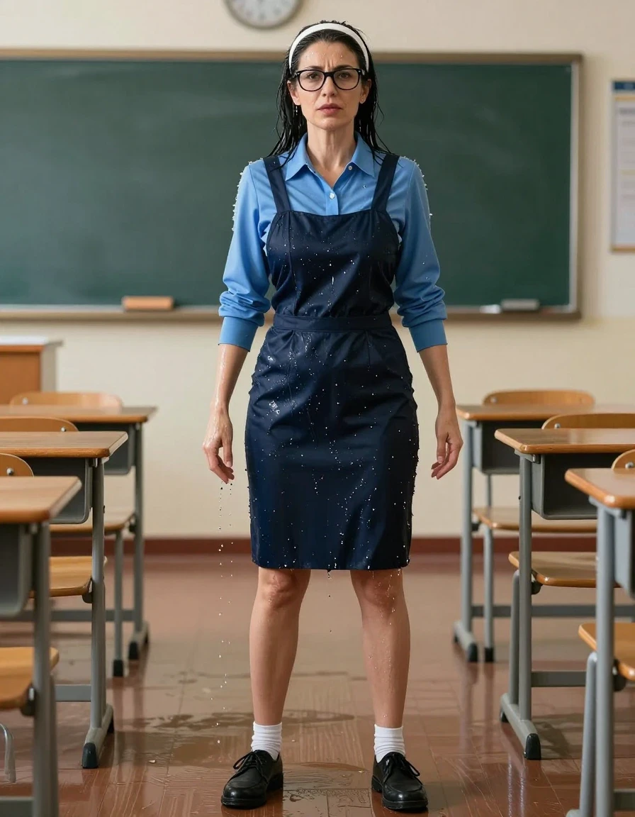 photo of young woman, in soaking wet, drenched clothes,
black shoes, white socks, DARK blue school tight pinafore over a blue long-sleeved shirt, DARK blue school tight pinafore over a blue long-sleeved shirt, in classroom, enjoying wet clothes stuck body, enjoying, wet clothes stuck to body, 
enjoying, wet clothes stuck to body,
detailed textures of the wet clothes, wet face, wet plastered hair,
wet, drenched, professional, high-quality details, full body view.
sharp focus, ultra-high pixel detail, realistic, high-quality, full colors, incredibly detailed, 4k, 8k, 16k, hyper-realistic, RAW photo, masterpiece, ultra-detailed, professionally color graded, professional photograph, europen brunette skinny woman 50 years old, long dark black hair, very big and thick lips,  office glasses, white headband, complete body, wet skin, wet clothes, damp fabric, wet skin, wet clothes, damp fabric, wet skin, wet clothes, damp fabric, wet skin, wet clothes, damp fabric, wet skin, wet clothes, damp fabric, wet skin, wet clothes, damp fabric, wet skin, wet clothes, damp fabric
