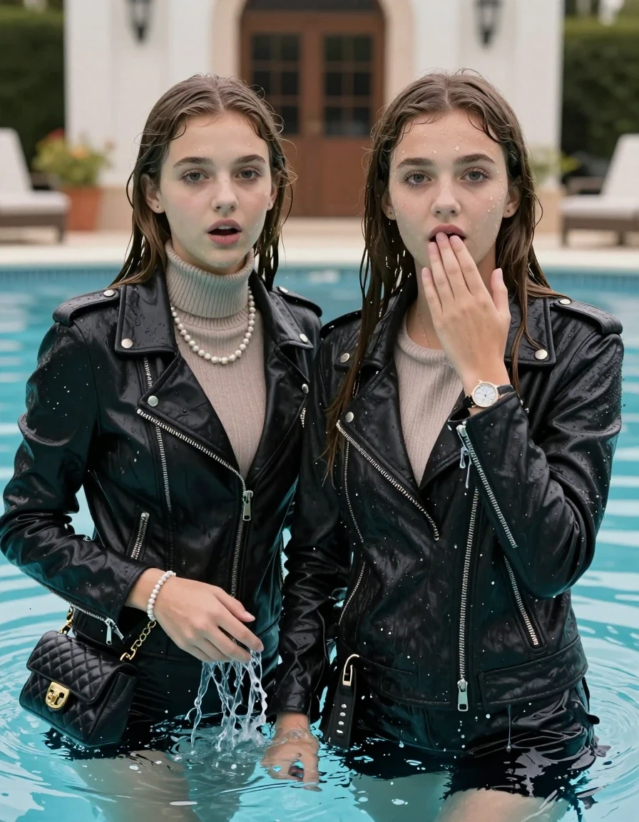 photo of young woman, in soaking wet, drenched clothes,
, , Biker leatherjacket, Tight knit turtleneck sweater belly free, handbag, pearl necklace, bracelet, wristwatch, large and deep pool in front of a villa, 
enjoying, wet clothes stuck to body,
detailed textures of the wet clothes, wet face, wet plastered hair,
wet, drenched, professional, high-quality details, full body view.
sharp focus, ultra-high pixel detail, realistic, high-quality, full colors, incredibly detailed, 4k, 8k, 16k, hyper-realistic, RAW photo, masterpiece, ultra-detailed, professionally color graded, professional photograph, sleek long straight hair

Two 15 years old  teenage girl

Only head and shoulders are over the surface visible. Open mouth, big eyes. Looking at camera. Hold her hand in front of her mouth.

The girls wear different clothes.

she is completely underwater up to her neck, surprised and astonished expression. 

her submerged clothes are hardly vusible under water, she soaked her handbag into the water

her clothing is soaking wet and clinging tightly to her skin, showing heavy wet folds, darkened fabric texture, and deep water-saturated Patches, her clothes are heavy from the water, water runs from her body and her clothes in streams. A lot of water also runs out of her clothes. Her clothes are darkened by the water. Her submerged clothes are good visible under the water.  she soaked her handbag into the water.

close up view, wet skin, wet clothes, wet hair, damp fabric, water runs down the clothes, wet skin, wet clothes, damp fabric. cinematic medium shot, hyper-realistic wetness, high-contrast water sheen, sharp focus, 8k resolution, professional photography, realistic water physics., wet skin, wet clothes, damp fabric, wet skin, wet clothes, damp fabric