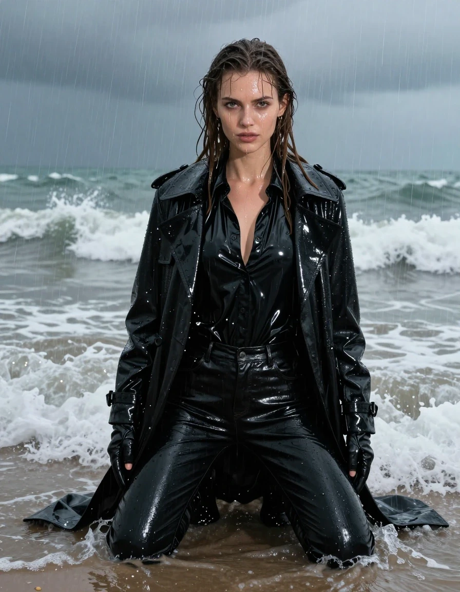 A stunning young adult European woman with long, dripping wet brown hair, kneeling in the crashing waves at a beach during a heavy rainstorm. She is wearing an oversized black vinyl polar neck shirt with a high-gloss, liquid-sheen finish, layered under a heavy black vinyl trench coat that is streaming with rainwater. Her legs are clad in black leather jeans, fitted and clinging to her skin, showing realistic wet texture and dark, light-reflecting folds. She wears black leather knee-high boots and matching leather gloves on both hands. Her skin is glistening and soaked, with water droplets running down her face and neck. The fabric of her clothes is visibly heavy, drenched, and saturated with water, clinging to her form. The environment is dark and atmospheric, with torrential rain, splashing ocean waves, and moody coastal lighting creating intense specular highlights on the wet surfaces. Photorealistic, 8k, highly detailed, sharp focus, cinematic lighting, no nudity, clean anatomy, fully dressed.