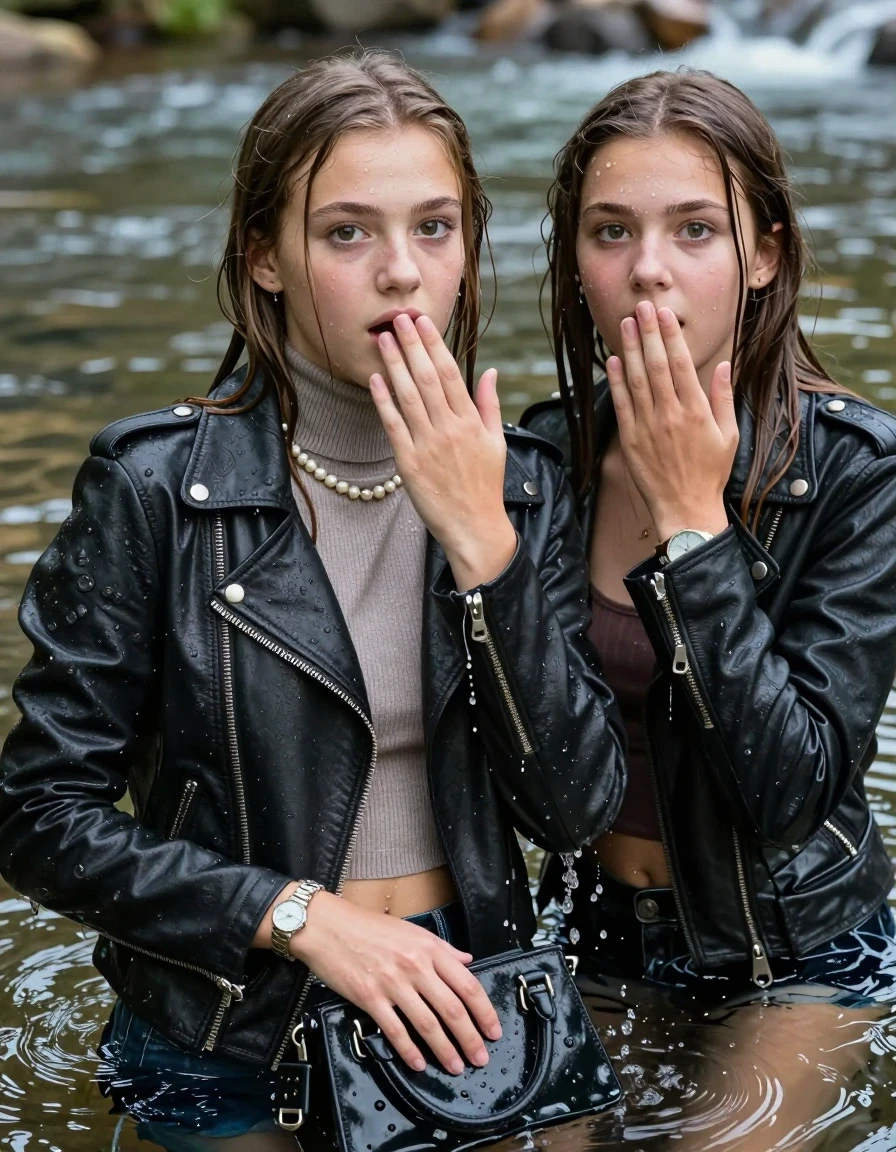 photo of young woman, in soaking wet, drenched clothes,
, , Biker leatherjacket, Tight knit turtleneck sweater belly free, handbag, pearl necklace, bracelet, wristwatch, swimming in the river, 
enjoying, wet clothes stuck to body,
detailed textures of the wet clothes, wet face, wet plastered hair,
wet, drenched, professional, high-quality details, full body view.
sharp focus, ultra-high pixel detail, realistic, high-quality, full colors, incredibly detailed, 4k, 8k, 16k, hyper-realistic, RAW photo, masterpiece, ultra-detailed, professionally color graded, professional photograph, sleek long straight hair

Two 15 years old  teenage girl

Only head and shoulders are over the surface visible. Open mouth, big eyes. Looking at camera. Hold her hand in front of her mouth.

The girls wear different clothes.

she is completely underwater up to her neck, surprised and astonished expression. 

her submerged clothes are hardly vusible under water, she soaked her handbag into the water

her clothing is soaking wet and clinging tightly to her skin, showing heavy wet folds, darkened fabric texture, and deep water-saturated Patches, her clothes are heavy from the water, water runs from her body and her clothes in streams. A lot of water also runs out of her clothes. Her clothes are darkened by the water. Her submerged clothes are good visible under the water.  she soaked her handbag into the water.

close up view, wet skin, wet clothes, wet hair, damp fabric, water runs down the clothes, wet skin, wet clothes, damp fabric. cinematic medium shot, hyper-realistic wetness, high-contrast water sheen, sharp focus, 8k resolution, professional photography, realistic water physics., wet skin, wet clothes, damp fabric, wet skin, wet clothes, damp fabric