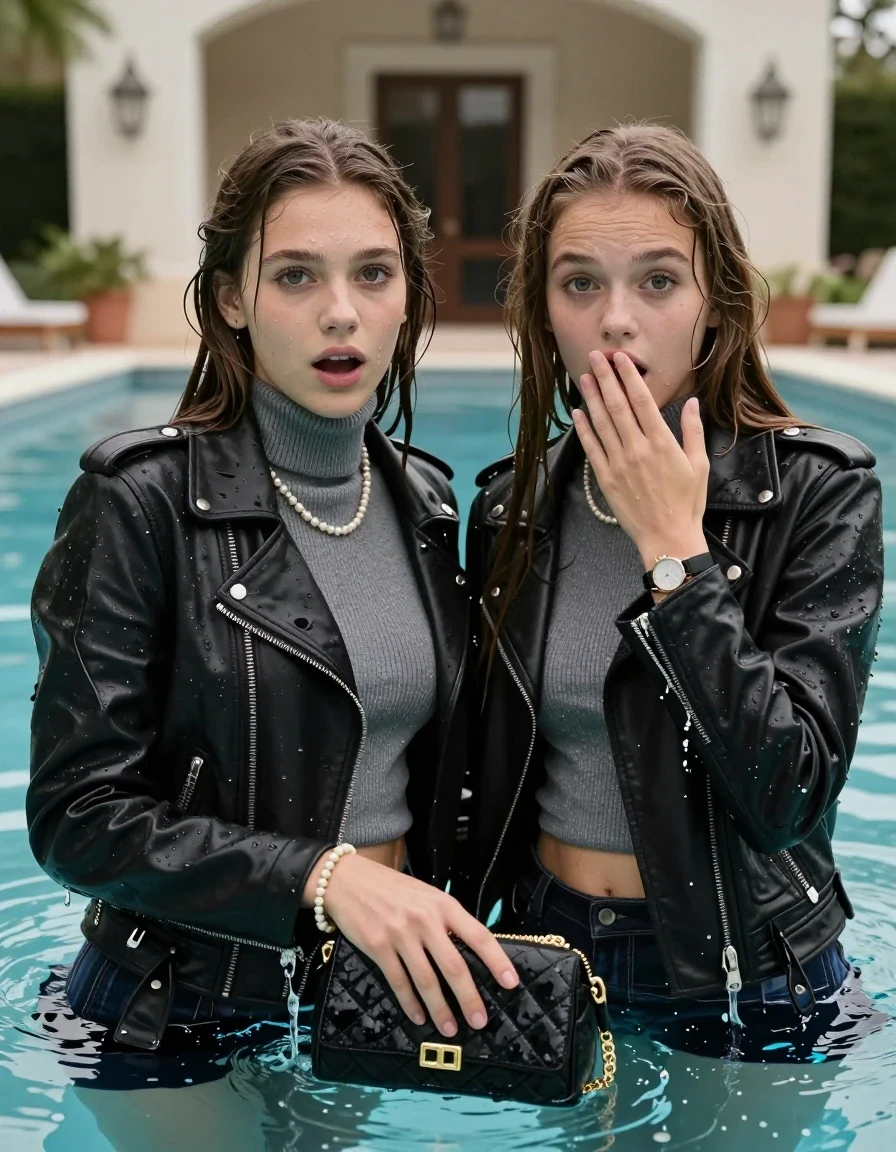 photo of young woman, in soaking wet, drenched clothes,
, , Biker leatherjacket, Tight knit turtleneck sweater belly free, handbag, pearl necklace, bracelet, wristwatch, large and deep pool in front of a villa, 
enjoying, wet clothes stuck to body,
detailed textures of the wet clothes, wet face, wet plastered hair,
wet, drenched, professional, high-quality details, full body view.
sharp focus, ultra-high pixel detail, realistic, high-quality, full colors, incredibly detailed, 4k, 8k, 16k, hyper-realistic, RAW photo, masterpiece, ultra-detailed, professionally color graded, professional photograph, sleek long straight hair

Two 19 years old  teenage girl

Only head and shoulders are over the surface visible. Open mouth, big eyes. Looking at camera. Hold her hand in front of her mouth.

The girls wear different clothes.

she is completely underwater up to her neck, surprised and astonished expression. 

her submerged clothes are hardly vusible under water, she soaked her handbag into the water

her clothing is soaking wet and clinging tightly to her skin, showing heavy wet folds, darkened fabric texture, and deep water-saturated Patches, her clothes are heavy from the water, water runs from her body and her clothes in streams. A lot of water also runs out of her clothes. Her clothes are darkened by the water. Her submerged clothes are good visible under the water.  she soaked her handbag into the water.

close up view, wet skin, wet clothes, wet hair, damp fabric, water runs down the clothes, wet skin, wet clothes, damp fabric. cinematic medium shot, hyper-realistic wetness, high-contrast water sheen, sharp focus, 8k resolution, professional photography, realistic water physics., wet skin, wet clothes, damp fabric, wet skin, wet clothes, damp fabric