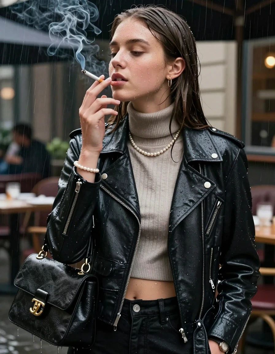 photo of young woman, in soaking wet, drenched clothes,
, , biker leatherjacket, Tight knit turtleneck sweater belly free, handbag, pearl necklace, bracelet, wristwatch, under heavy rain at outdoor restaurant, smoking a cigarette, 
enjoying, wet clothes stuck to body,
detailed textures of the wet clothes, wet face, wet plastered hair,
wet, drenched, professional, high-quality details, full body view.
sharp focus, ultra-high pixel detail, realistic, high-quality, full colors, incredibly detailed, 4k, 8k, 16k, hyper-realistic, RAW photo, masterpiece, ultra-detailed, professionally color graded, professional photograph, sleek long straight hair

15 years old  teenage girl

The girls wear different clothes.

her submerged clothes are hardly vusible under water, she soaked her handbag into the water

her clothing is soaking wet and clinging tightly to her skin, showing heavy wet folds, darkened fabric texture, and deep water-saturated Patches, her clothes are heavy from the water, water runs from her body and her clothes in streams. A lot of water also runs out of her clothes. Her clothes are darkened by the water. Her submerged clothes are good visible under the water.  she soaked her handbag into the water.

close up view, wet skin, wet clothes, wet hair, damp fabric, water runs down the clothes, wet skin, wet clothes, damp fabric. cinematic medium shot, hyper-realistic wetness, high-contrast water sheen, sharp focus, 16k resolution, professional photography, realistic water physics., wet skin, wet clothes, damp fabric, wet skin, wet clothes, damp fabric, wet skin, wet clothes, damp fabric