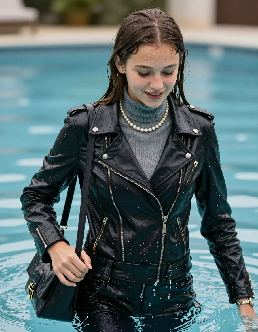 photo of young woman, in soaking wet, drenched clothes,
, , biker leatherjacket, Tight knit turtleneck sweater belly free, shoulderbag, pearl necklace, bracelet, wristwatch, standing up in the pool, 
enjoying, wet clothes stuck to body,
detailed textures of the wet clothes, wet face, wet plastered hair,
wet, drenched, professional, high-quality details, full body view.
sharp focus, ultra-high pixel detail, realistic, high-quality, full colors, incredibly detailed, 4k, 8k, 16k, hyper-realistic, RAW photo, masterpiece, ultra-detailed, professionally color graded, professional photograph, sleek long straight hair

15 years old  teenage girl, shy and awkward, but she giggles anyway.


The girls wear different clothes.

her submerged clothes are hardly vusible under water, she soaked her handbag into the water

her clothing is soaking wet and clinging tightly to her skin, showing heavy wet folds, darkened fabric texture, and deep water-saturated Patches, her clothes are heavy from the water, water runs from her body and her clothes in streams. A lot of water also runs out of her clothes. Her clothes are darkened by the water. Her submerged clothes are good visible under the water.  she soaked her handbag into the water.

close up view, wet skin, wet clothes, wet hair, damp fabric, water runs down the clothes, wet skin, wet clothes, damp fabric. cinematic medium shot, hyper-realistic wetness, high-contrast water sheen, sharp focus, 16k resolution, professional photography, realistic water physics., wet skin, wet clothes, damp fabric, wet skin, wet clothes, damp fabric, wet skin, wet clothes, damp fabric